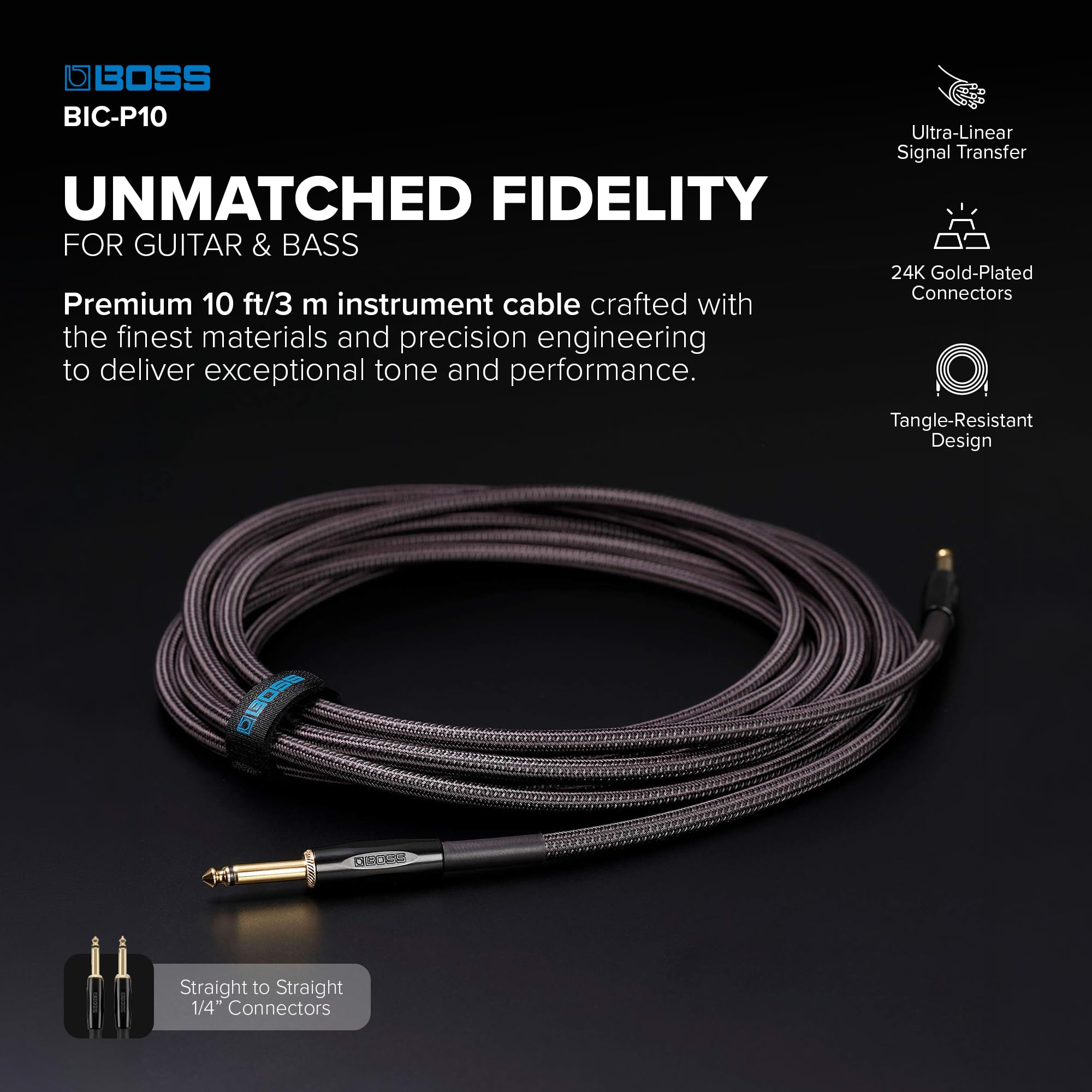 BOSS BIC-P10 kabel do instrumentów o bardzo wysokiej jakości – 10 stóp / 3 m – proste do prostych 1/4" 24-karatowe złote złącza – do gitary i basu zapewniają doskonały dźwięk