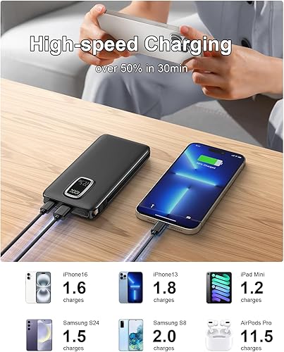 Miniatura 5 de Cargador portátil, 10000 mAh 22.5 W, cargador de batería de carga rápida con cable USB-C, USB-A e iOS, batería de reserva para iPhone 16, 15, 14,