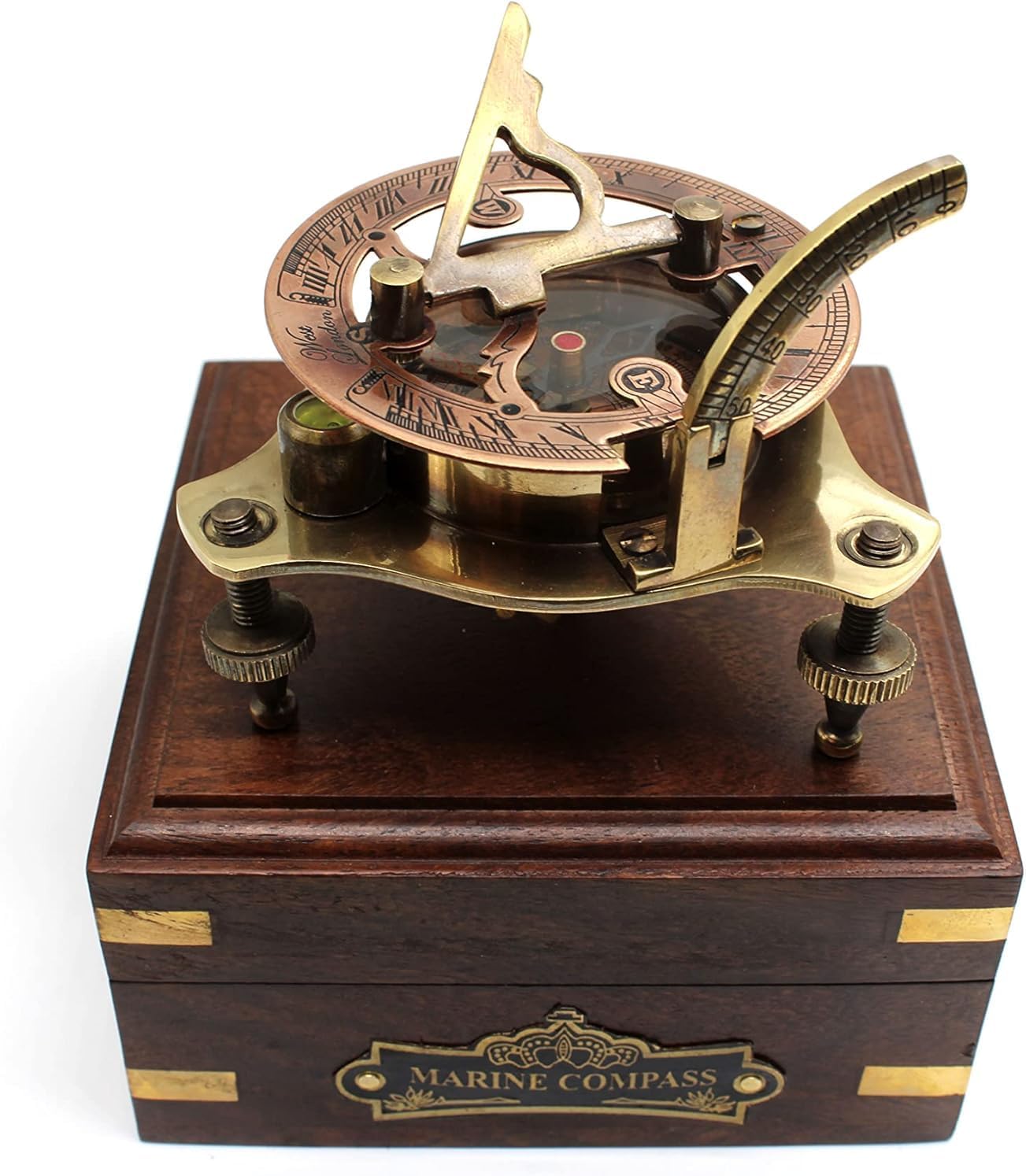 Premium Brass Sundial Compass with Wooden Box – Antique Maritime Navigation Instrument | Working Brass Compass with Latitude Arm Collectible Gift