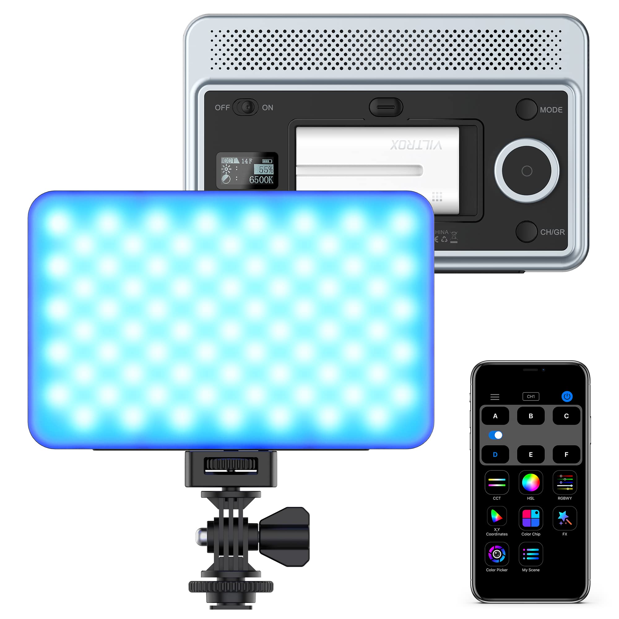 RGB Led Panel Light, Smartphone Control Full Color On Camera LED Photography Light, 2600K-6800K Dimmable LED Video Light, with NP-F550 Battery (Sprite 15C)