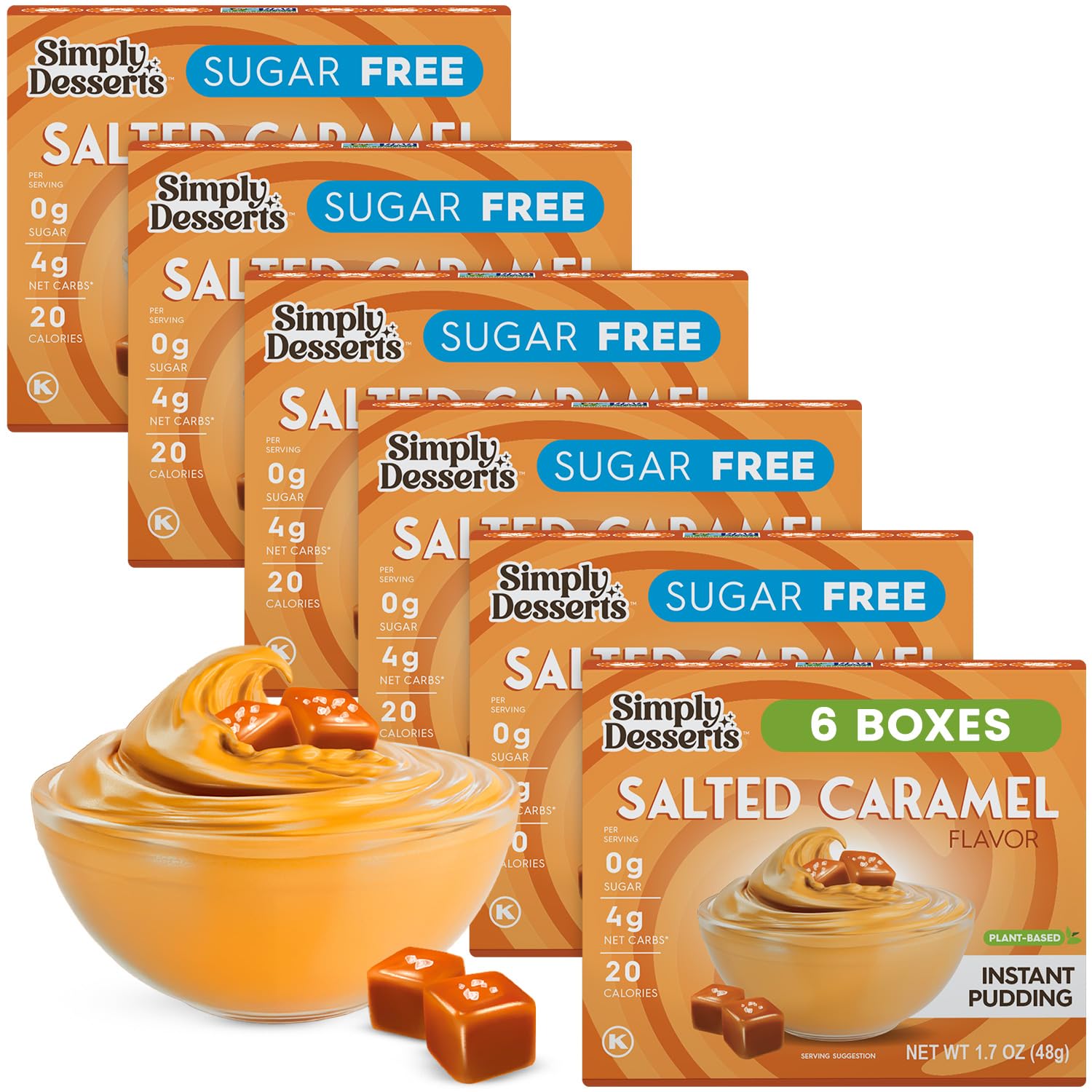 SimplyDelish Sugar-Free Salted Caramel Instant Pudding 6-Pack | Keto Vegan Low-Carb Dessert Mix, Diabetic-Friendly