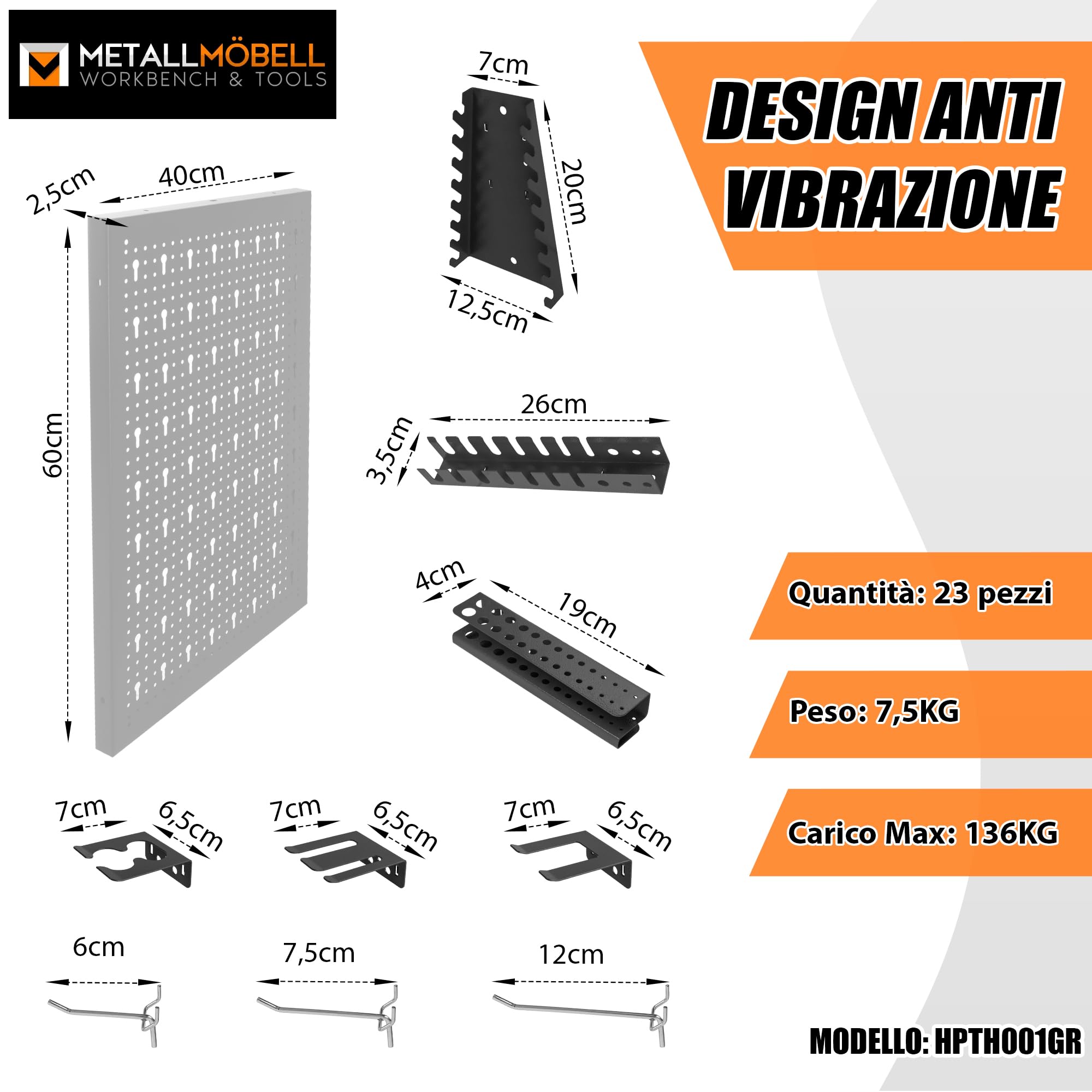 METALLMOBELL - Pannello Porta Attrezzi da Parete 160x60x2cm, 4 Pannelli Forati, Ganci e Staffe, Parete Attrezzata, Pannelli da Parete per Attrezzi da Lavoro, Pannello Forato Portautensili HPTH01G