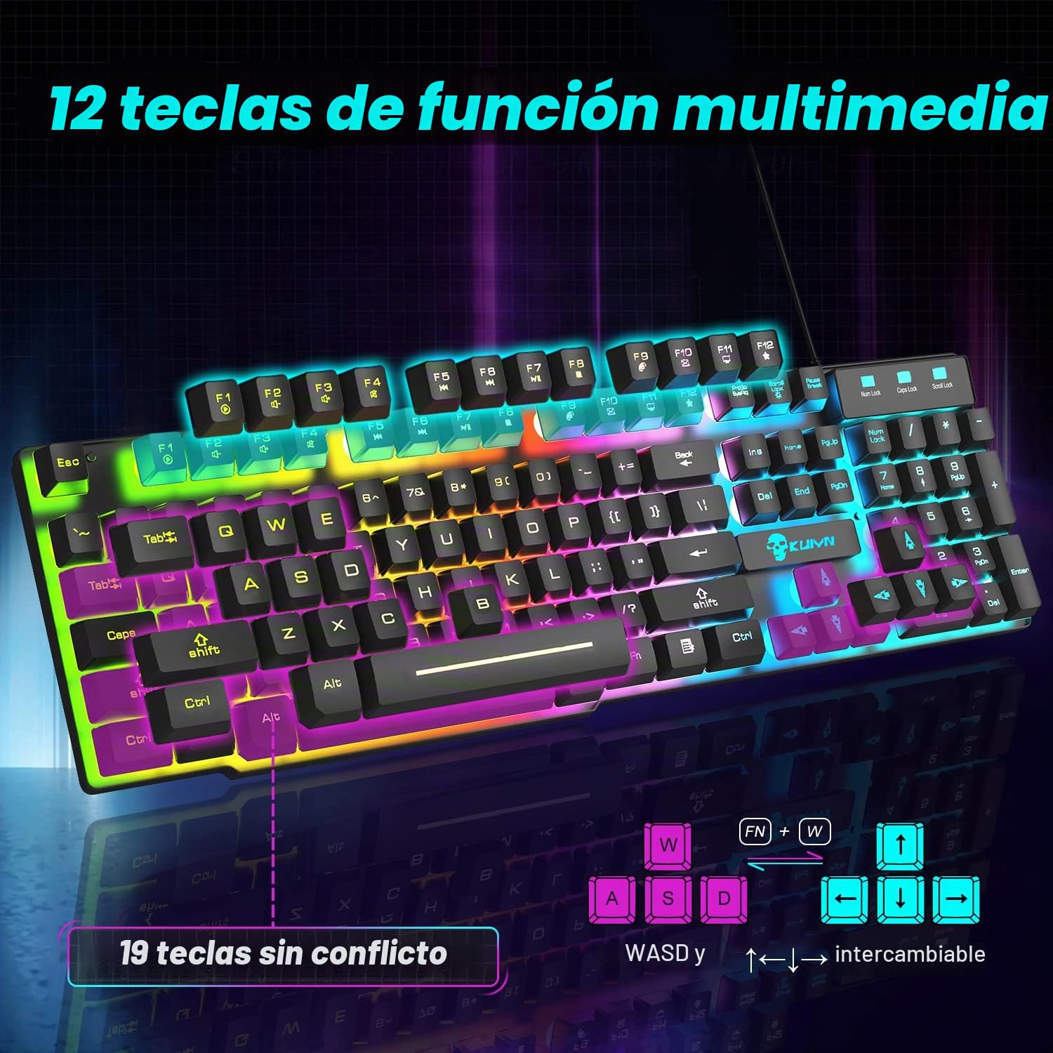 Juego de teclado y mouse para juegos con cable 12 modos de iluminación RGB 104 teclas Teclado iluminado anti-ghosting completo 2400 DPI 6 botones Ratón óptico USB para juegos Compatible con PS4 Negro