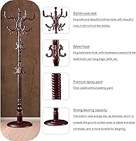 Vista 4 de Perchero independiente, soporte de madera con 14 ganchos, fácil montaje con base de disco estable para dormitorio, pasillo, oficina de entrada