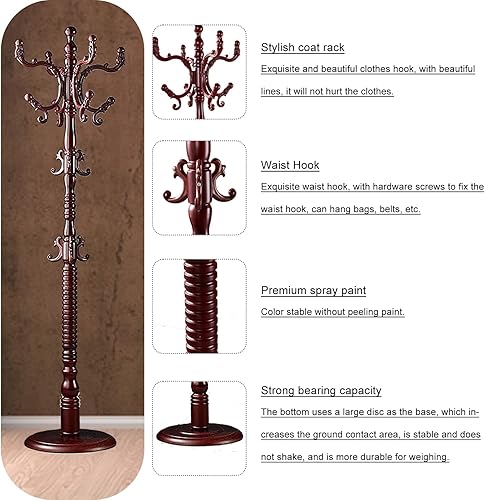 Miniatura 4 de Perchero independiente, soporte de madera con 14 ganchos, fácil montaje con base de disco estable para dormitorio, pasillo, oficina de entrada para