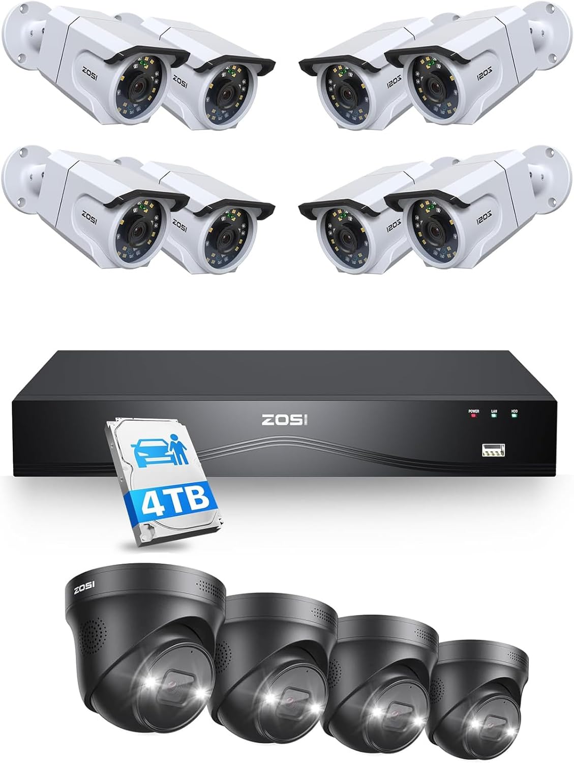 ZOSI 4K 12pcs Indoor Outdoor PoE IP Cameras System,16 Port 24CH 8MP NVR with 4TB HDD,Face/Person/Vehicle Detection,2 Way Audio,Night Vision,Dual-Disk Backup for 24/7 Recording