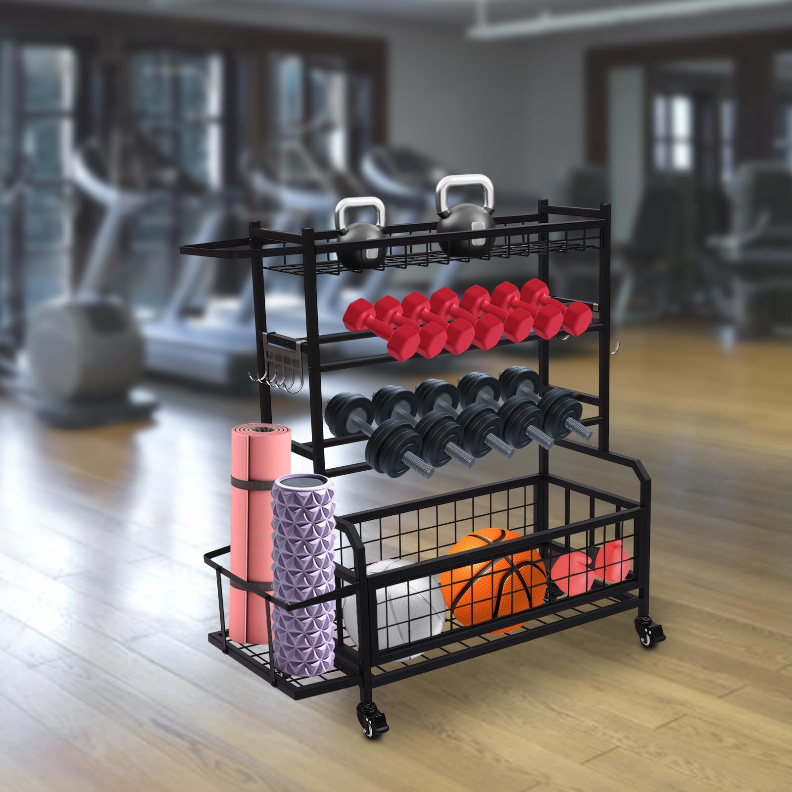 Stojak na sprzęt fitness z 4 kółkami – wielofunkcyjny stojak na hantle ze stali z narożnikami, nośność 136 kg, praktyczne przechowywanie hantli, mat do jogi i akcesoriów, czarny, 102,5 x 40 x 105,6 cm