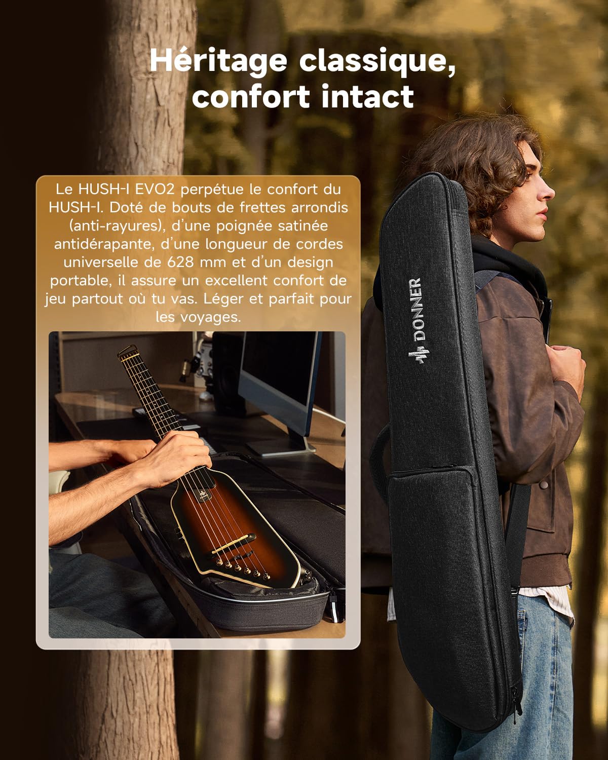Donner HUSH I EVO2 Guitare Acoustique-Électrique de Voyage, Ultra-Légère, Sans Tête, avec Accordeur Intégré, Supports Amovibles et Sortie Casque – Sunburst