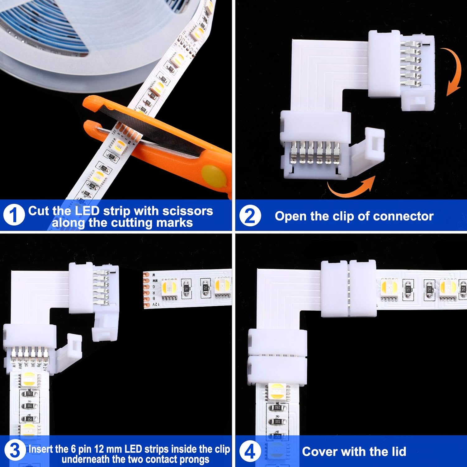 Honoson 12 Pieces 6 Pins LED Strip Connectors Set l Shape LED Strip Light Connectors 12 mm Solderless Connector - Image 3