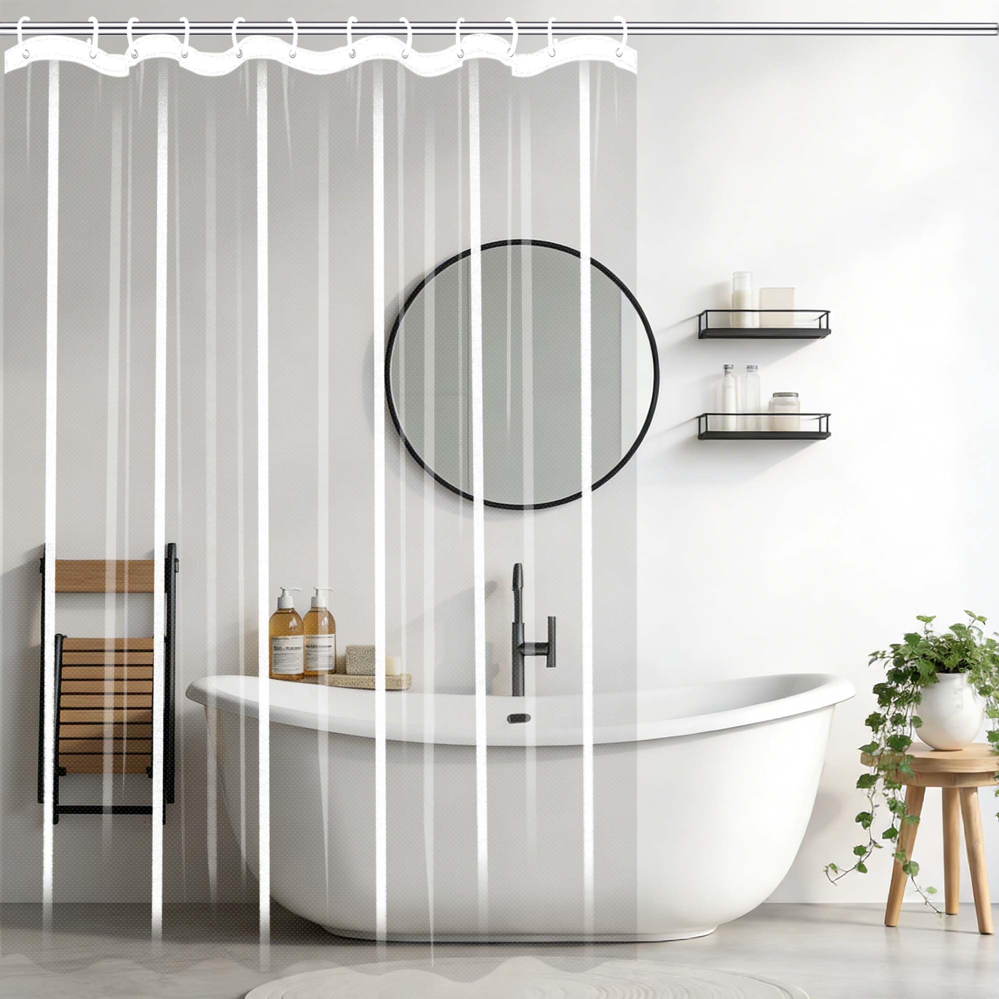 Rideau de douche 140x115 cm transparent imperméable pour baignoire avec crochets et œillets