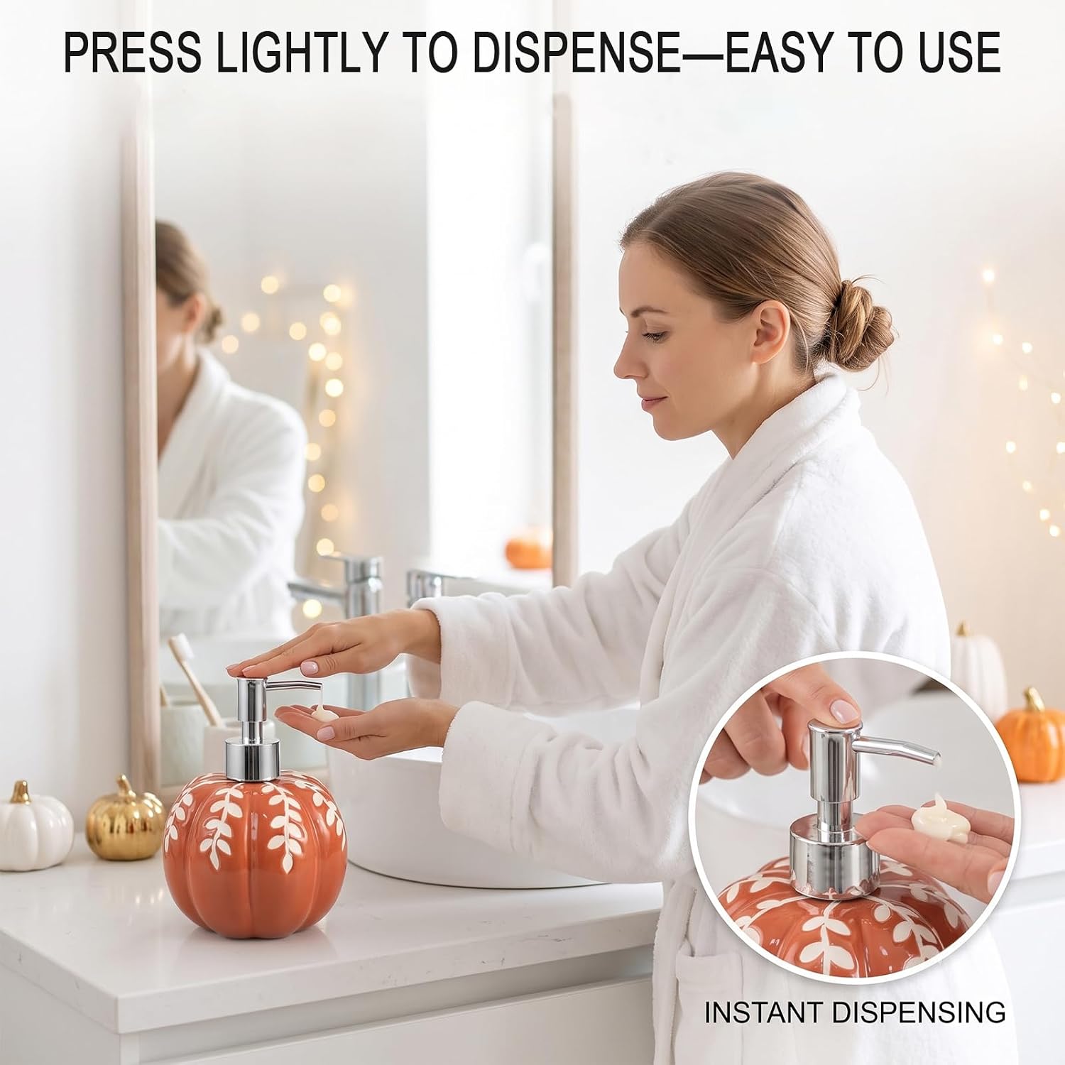 Pumpkin Ceramic Soap Dispenser, 460ML Handmade Decorative Lotion Bottle, Rustic Countertop Liquid Soap Pump for Bathroom Kitchen Home Decor Holiday Housewarming Gift