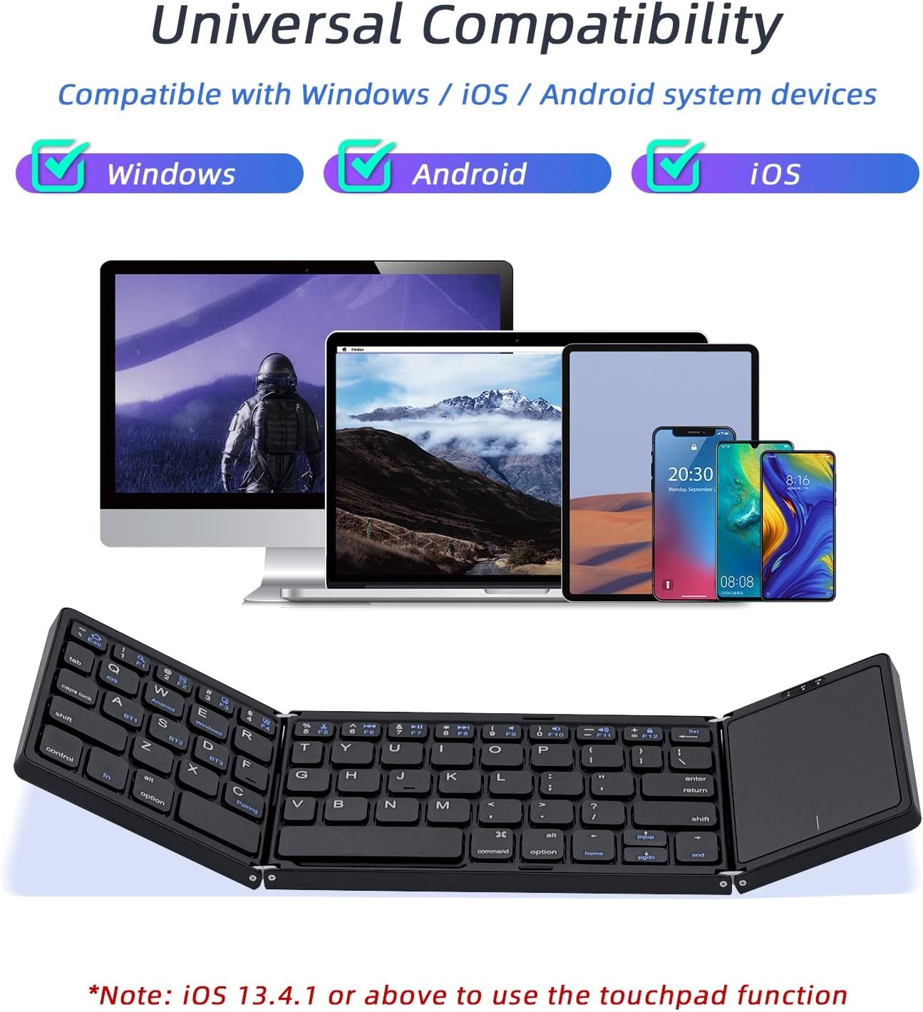 Universal compatibility graphic showing the keyboard working with Windows, Android, and iOS devices.