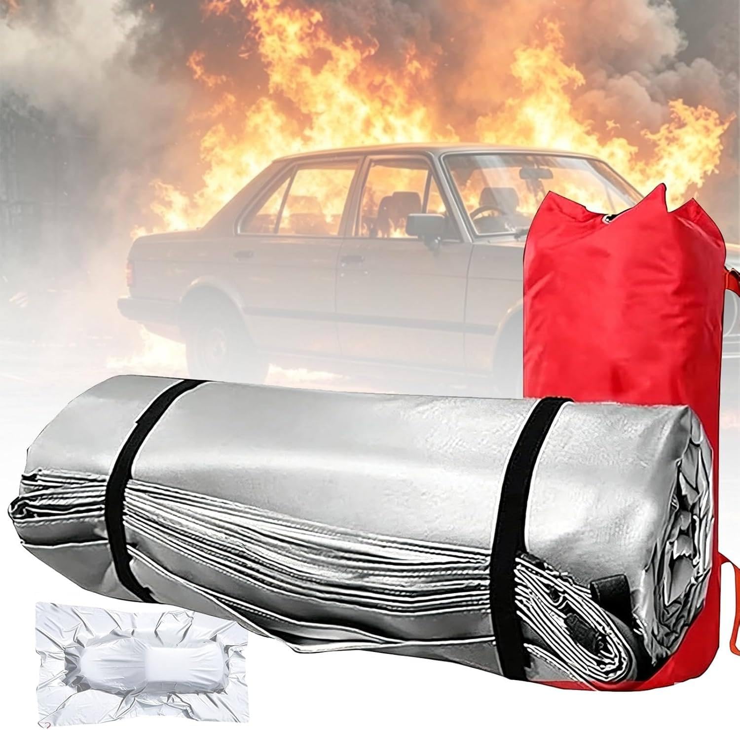 POIMHEW Car Fire Blanket,Double-Sided Silicone Fire Suppression Blankets,Car Fire Blanket for Electric & Gas Vehicles,Electric/Fuel Vehicle First Aid Fire Extinguisher Blankets 6×6m/19.7×19.7ft