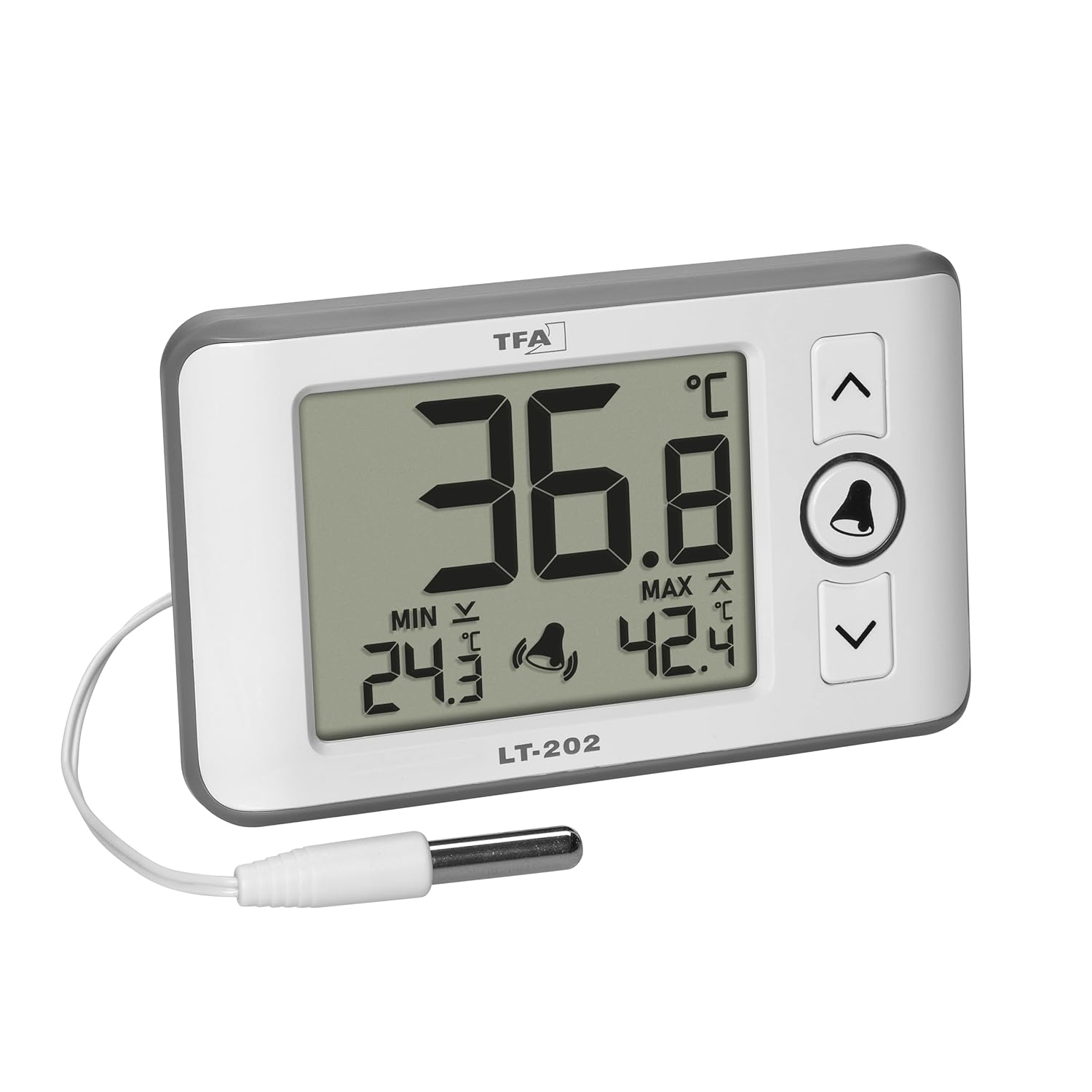 TFA Dostmann LT202 thermometer with the waterproof cable probe connected and extended.