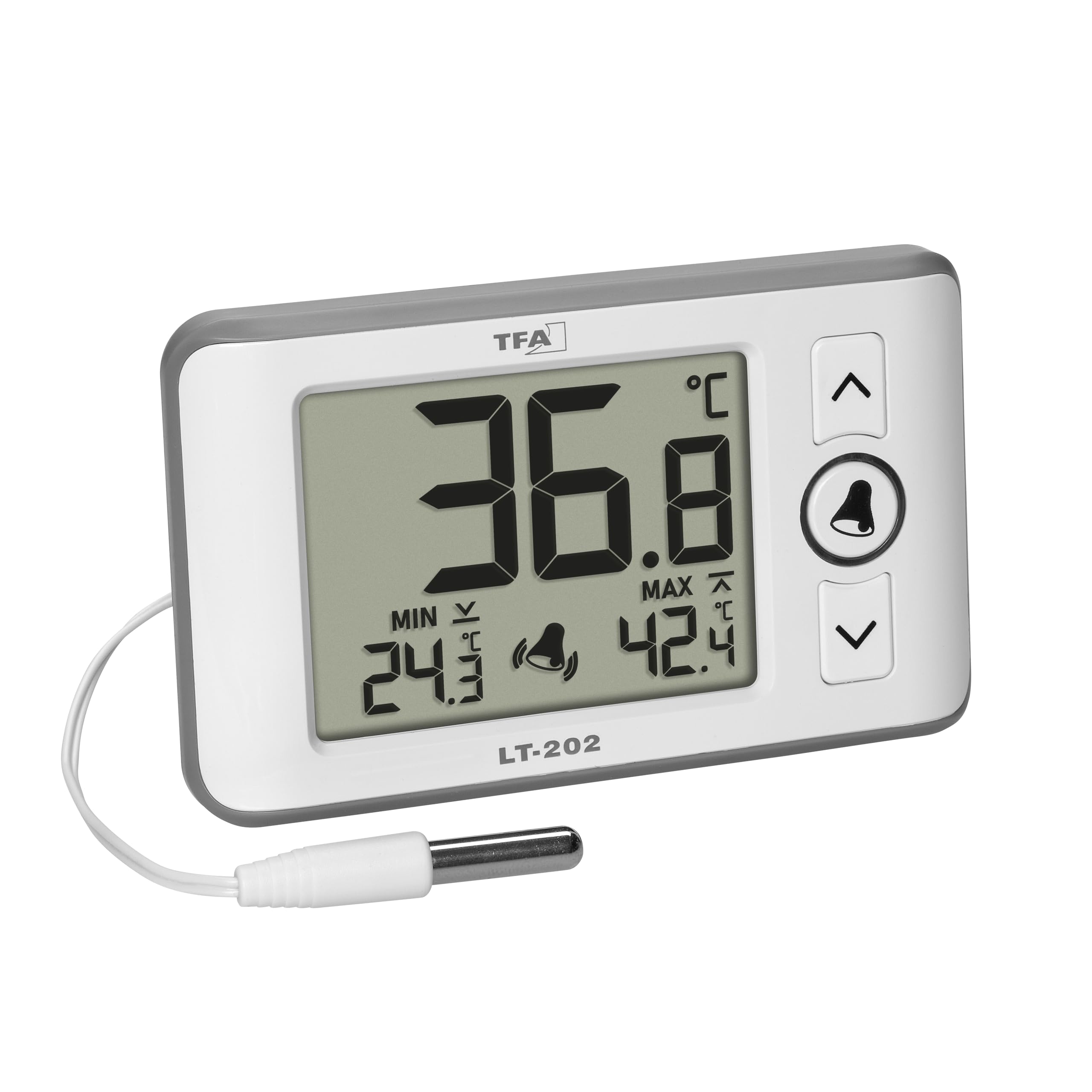 TFA Dostmann Digitales Profi-Thermometer mit wasserdichten Kabelfühler LT202, 30.1052, permanente Anzeige der Max.-Min.-Werte, Temperaturalarm, für Aquarien/Kühlschränke geeignet, weiß