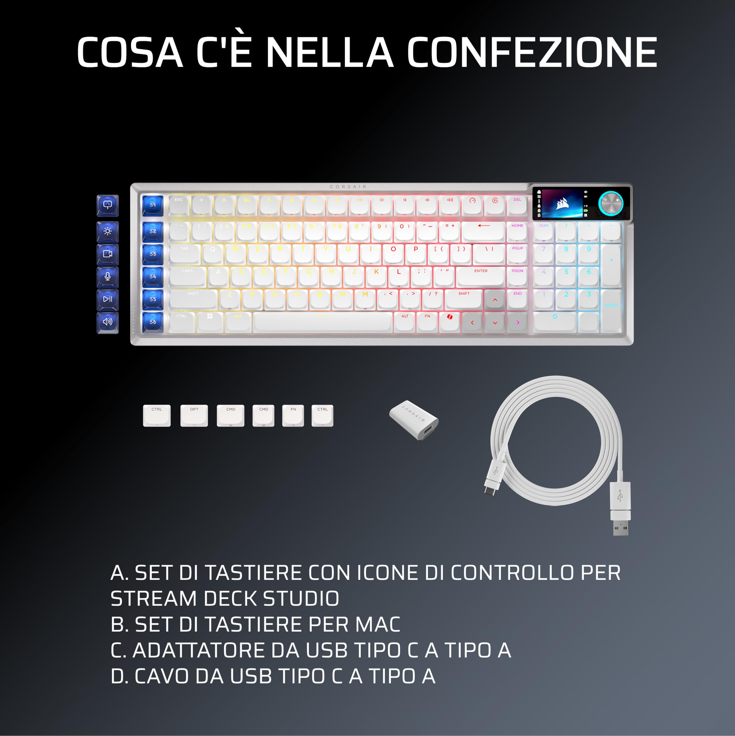 Corsair VANGUARD AIR 99 WIRELESS Tastiera Da Gioco a Basso Profilo – Bianco | Ottico-Meccanica RGB, QWERTY IT, Layout al 99%, Interruttori OPX, Polling 8000 Hz, Integrazione Stream Deck, Flashtap SOCD