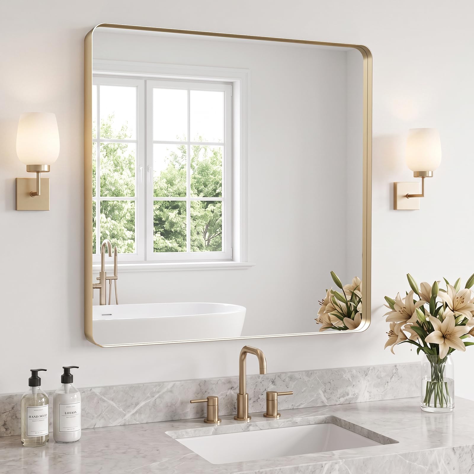 Kosmonia 36x36 Inch Square Bathroom Vanity Mirror Brushed Champagne Gold
