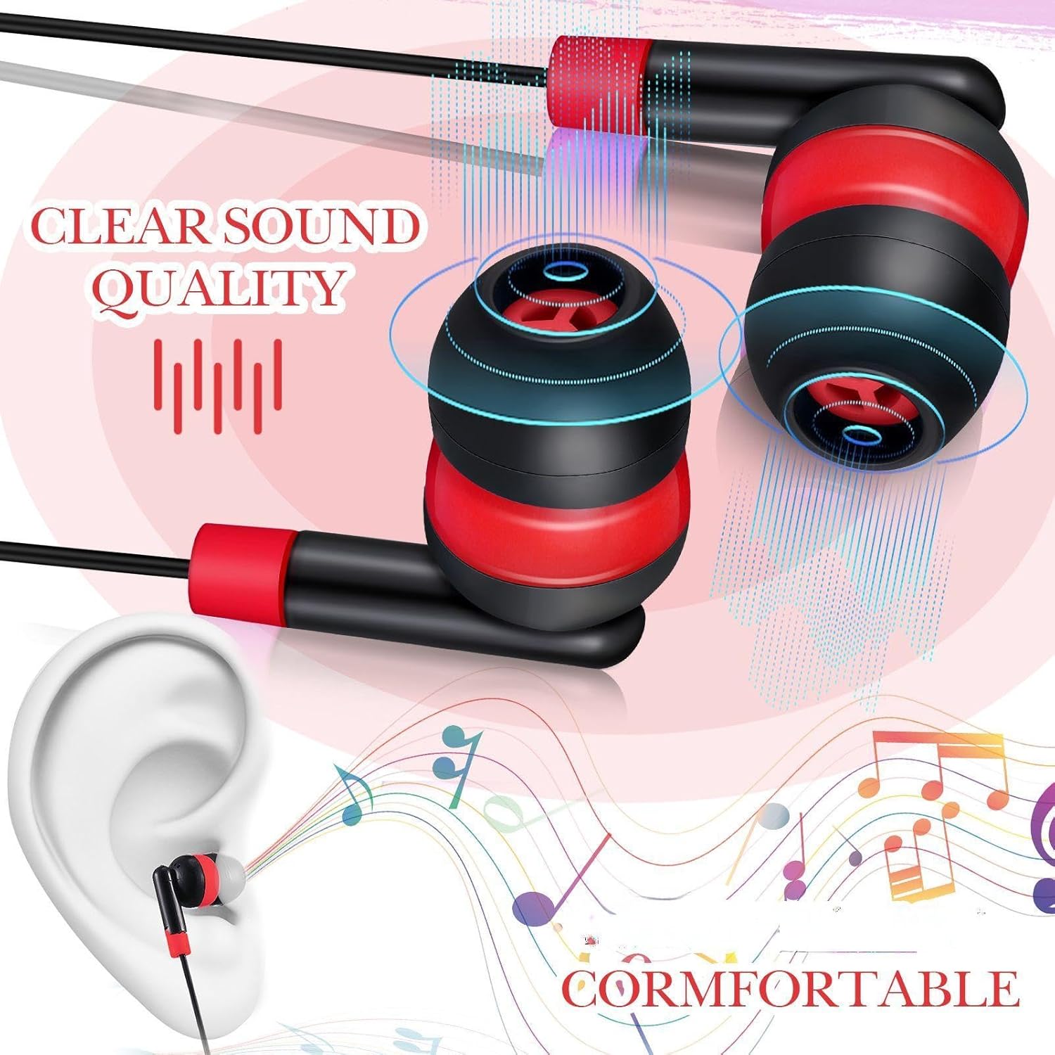 Kanayu 100 Pack Wired Earbuds Bulk for Classroom Ear Headphones Wired Basic Student Earbuds No Microphone with 3.5mm Jack for Class Laptop School Library, Individually Bagged (Red)