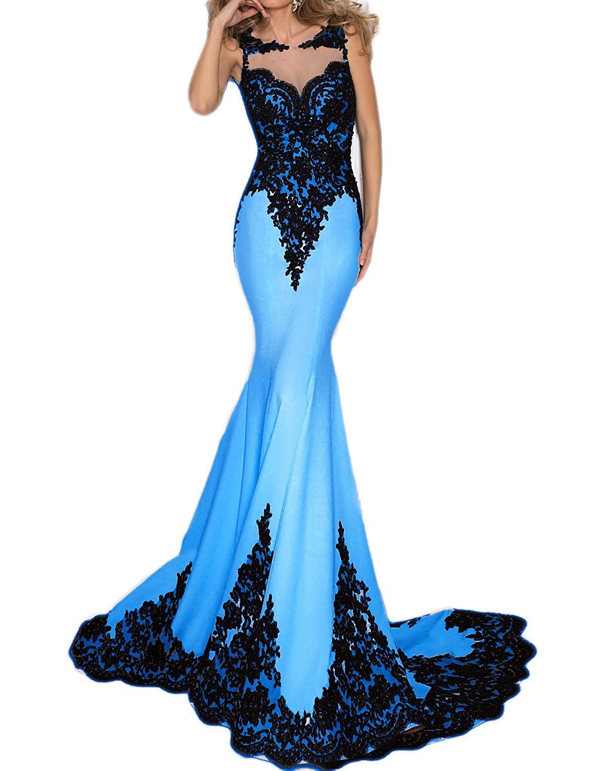 Elegante Cuello Sheer Largo Encaje Vestidos De Noche Sirena Formal Vestidos De