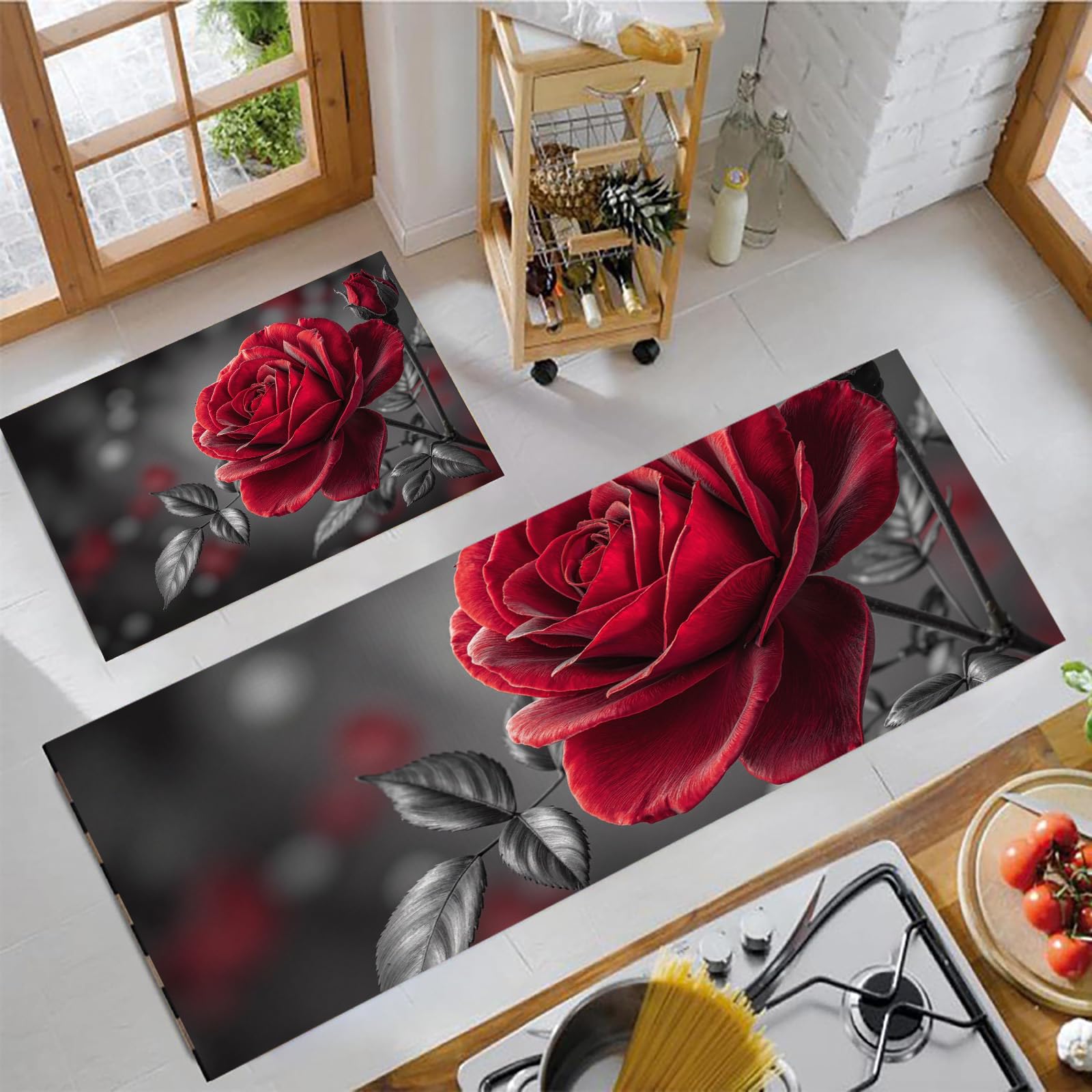 Alfombra de cocina lavable con base de seguridad y elegante diseño de arte romántico