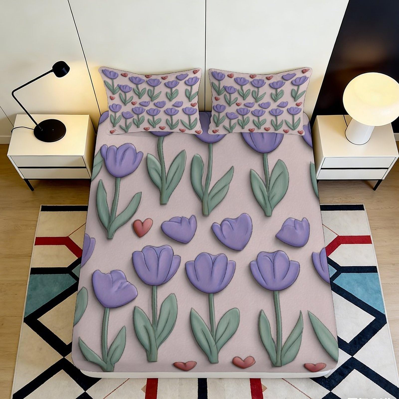 Qjzxknhpgr Style-7 3D Printed Purple Tulip Fitted Sheet Microfiber Soft Lavender Floral Bed Cover Anti-Slip Machine Washable For Bedroom Guest Room 90X200x25cm