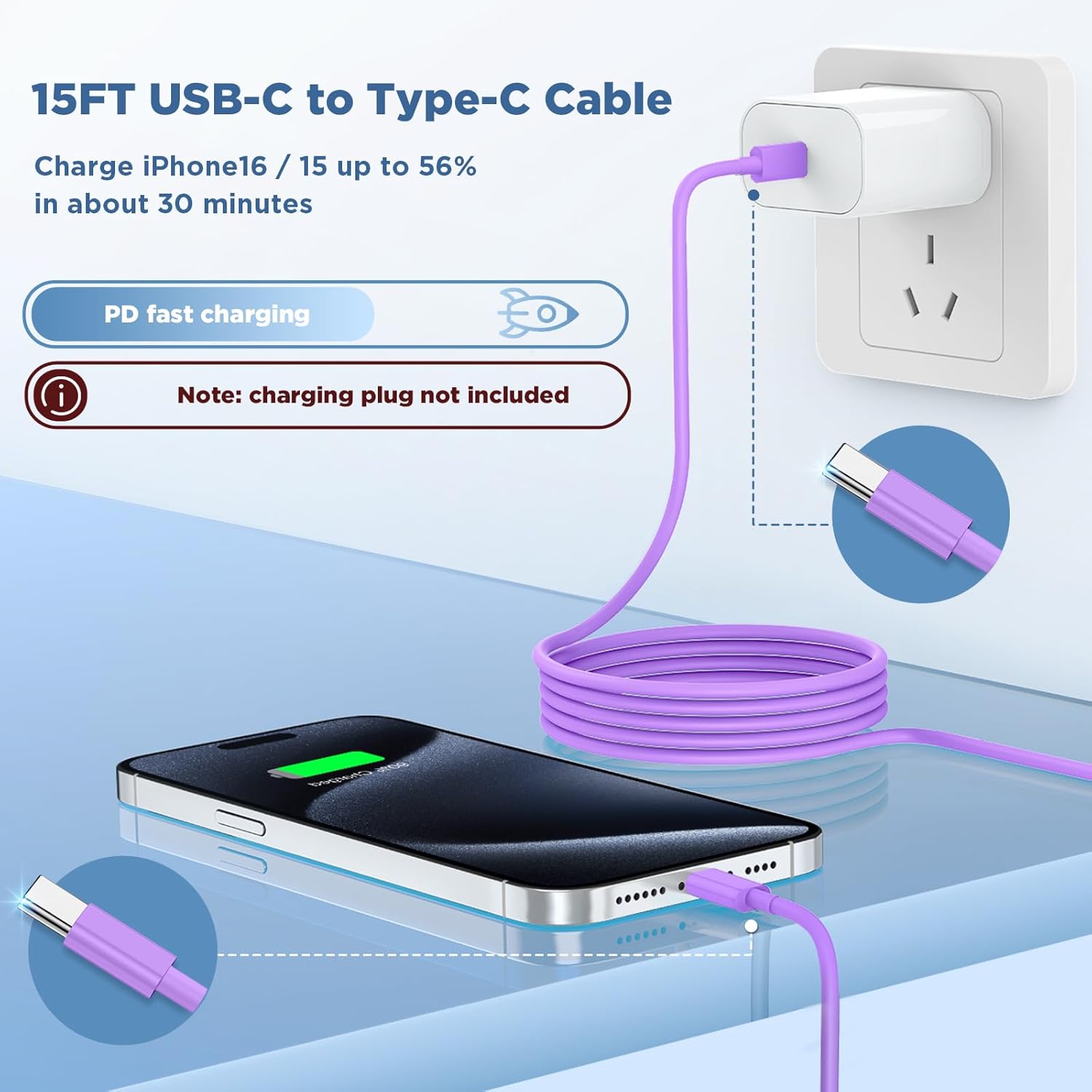 Long USB C to USB C Cable 15FT for iPhone 17 16 15 Pro Max,60W Fast Charging Type C to Type C Charger Cord for iPhone 17 16 15/16 15 Plus/17 Air/17 16 15 Pro, iPad Pro/Air,MacBook,Galaxy S25-Purple