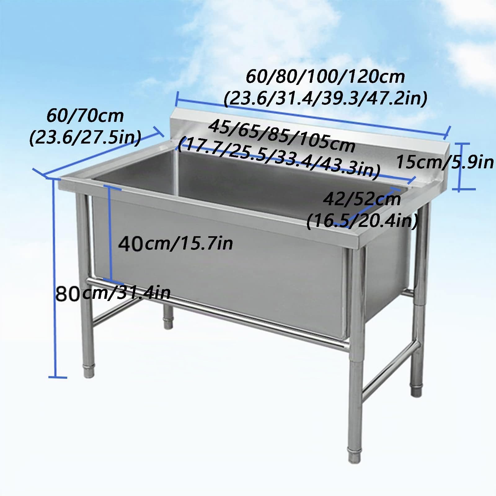 LBONG Lavello del Ristorante commerciale Lavandino Da Cucina Acciaio Inox Lavandino da Esterno di Utilità Lavamani industriale per la casa,Lavanderia,Giardino(100X60X80cm/39.3X23.6X31.4in)