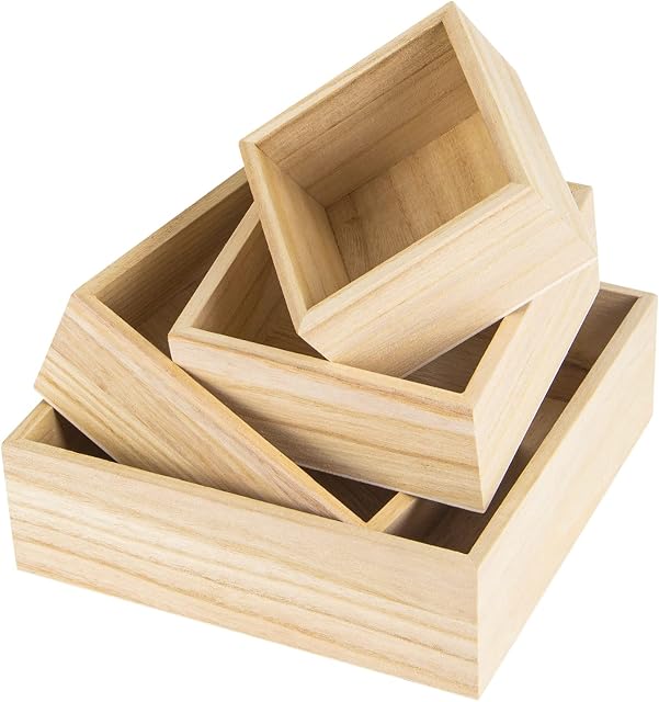4 Pack Unfinished Wooden Box, 4 Sizes Rustic Small Square Wood Box for DIY Craft Storage Organizer Centerpiece Box for Home Table Decoration