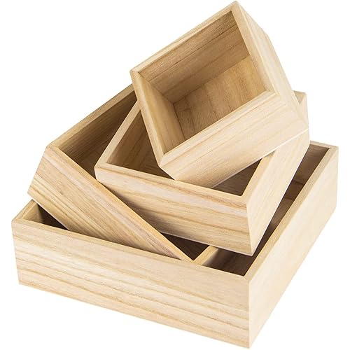 4 Pack Unfinished Wooden Box, 4 Sizes Rustic Small Wood Square Storage Organizer Box for Craft Centerpieces Home Decor Art Collectibles Succulent Plant Pot (4, 5, 6 and 8 Inch)