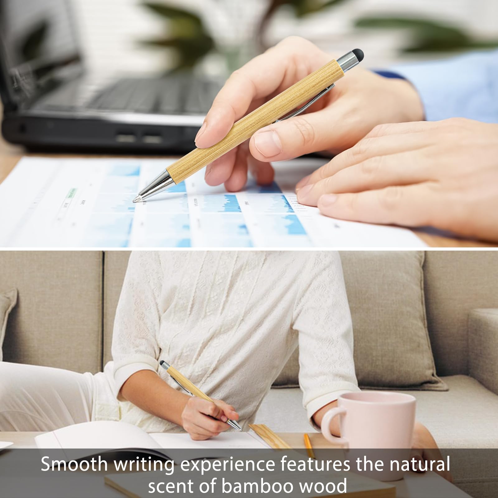 250 Pack Bamboo Pens Bulk with Touch Stylus Tip Wooden Bamboo Pens Engraving Wooden Ballpoint Pen Customizable Gift — view 5