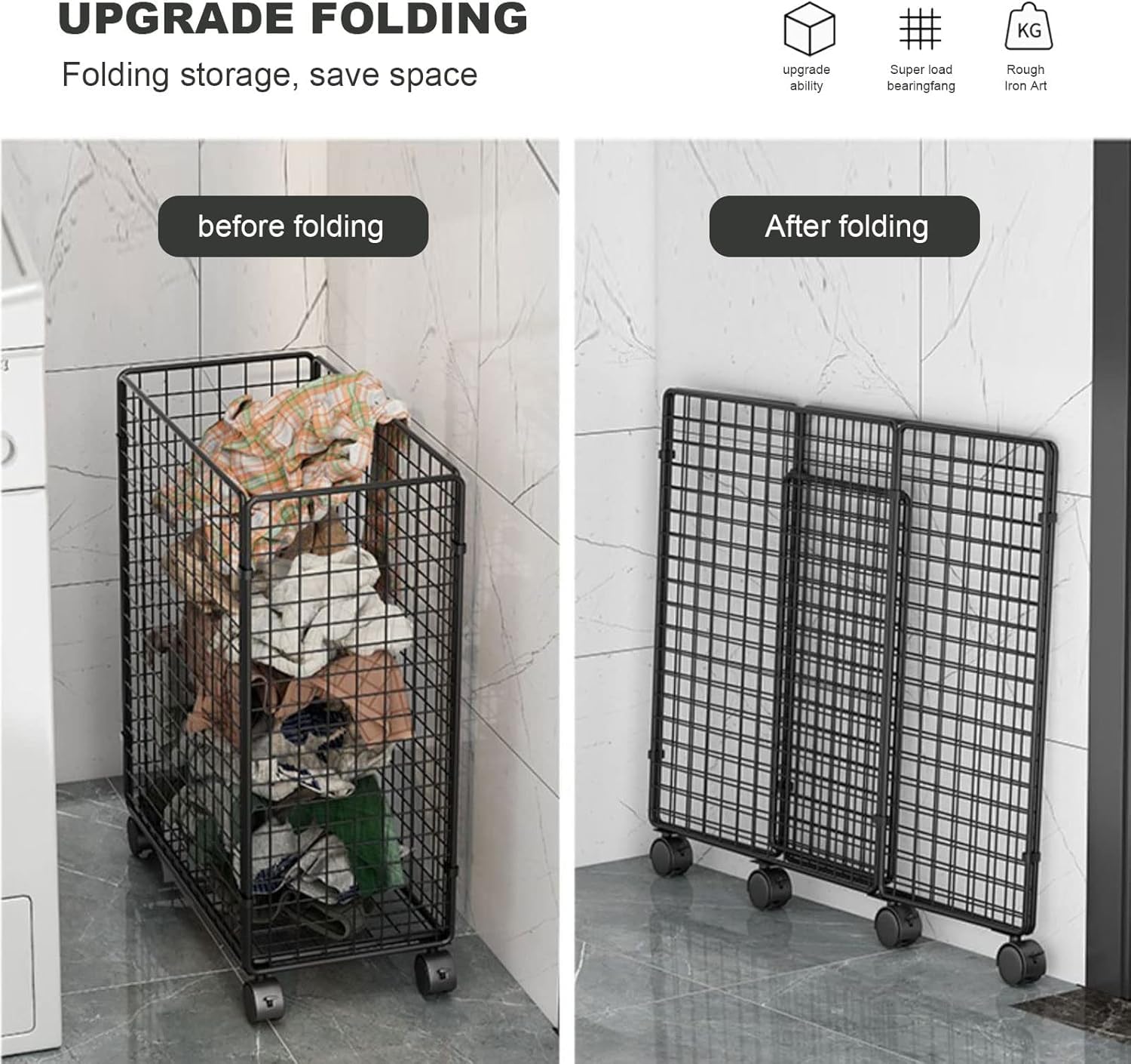 Iro Draht Laudry Korb Mit Rollig Feststellbaren Rädern, Laudry Korb, Zusammenklappbarer Wäschekorb, Kleiner Metall Rollig Laudry Wagen Schmutzwäschekorb Korb Für Schlafzimme, Black-a, Small