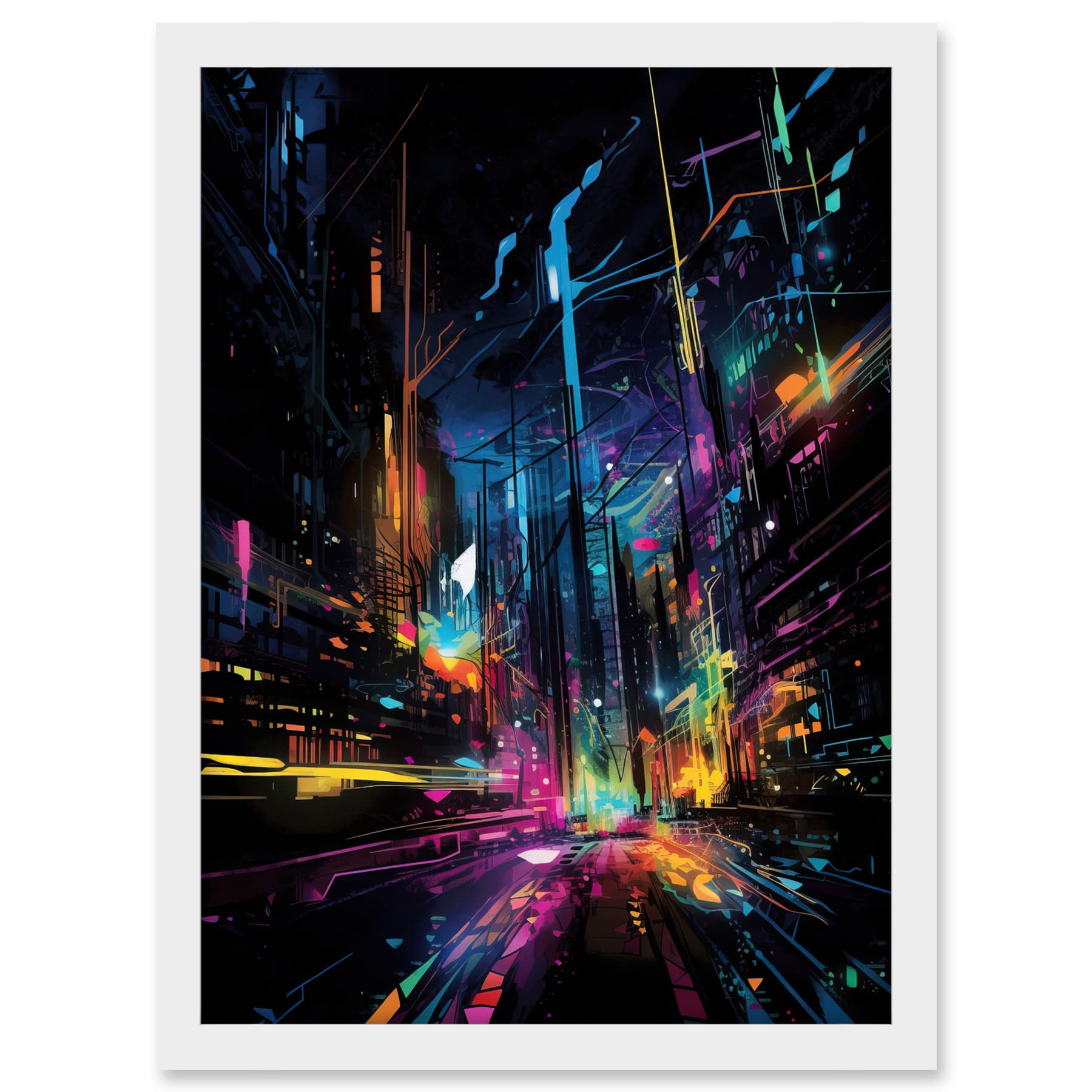 Artery8 New York City at Night Modern Abstract Neon Contrast Painting Artwork Framed A3 Wall Art Print