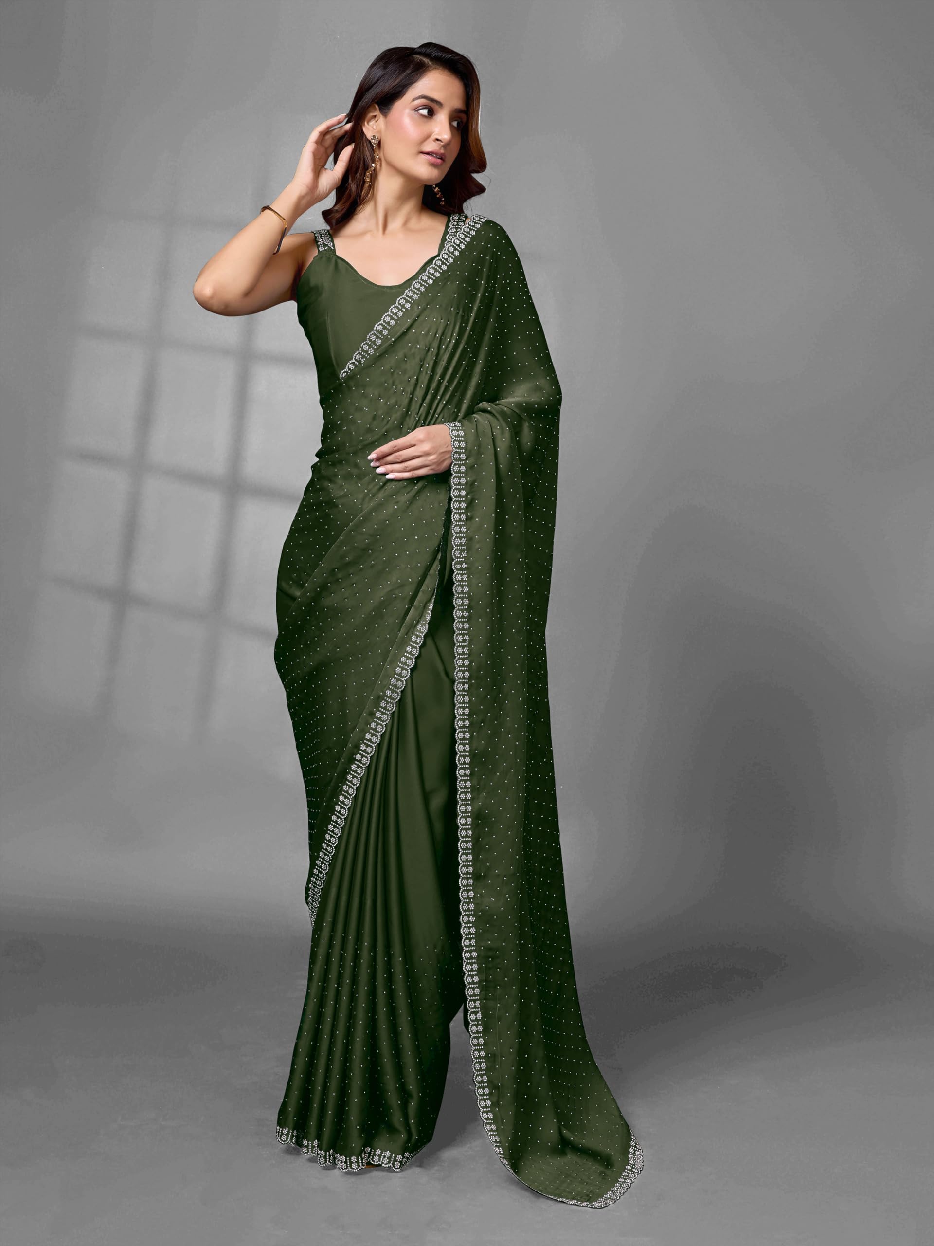 TRENDMALLS Damen Satin Georgette Zarkan Arbeit Saree mit Unstitch Bluse Stück