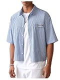 Men's Striped Button Down Up Cropped T Shirt Letter Graphic Flap Short Sleeve Collar Top