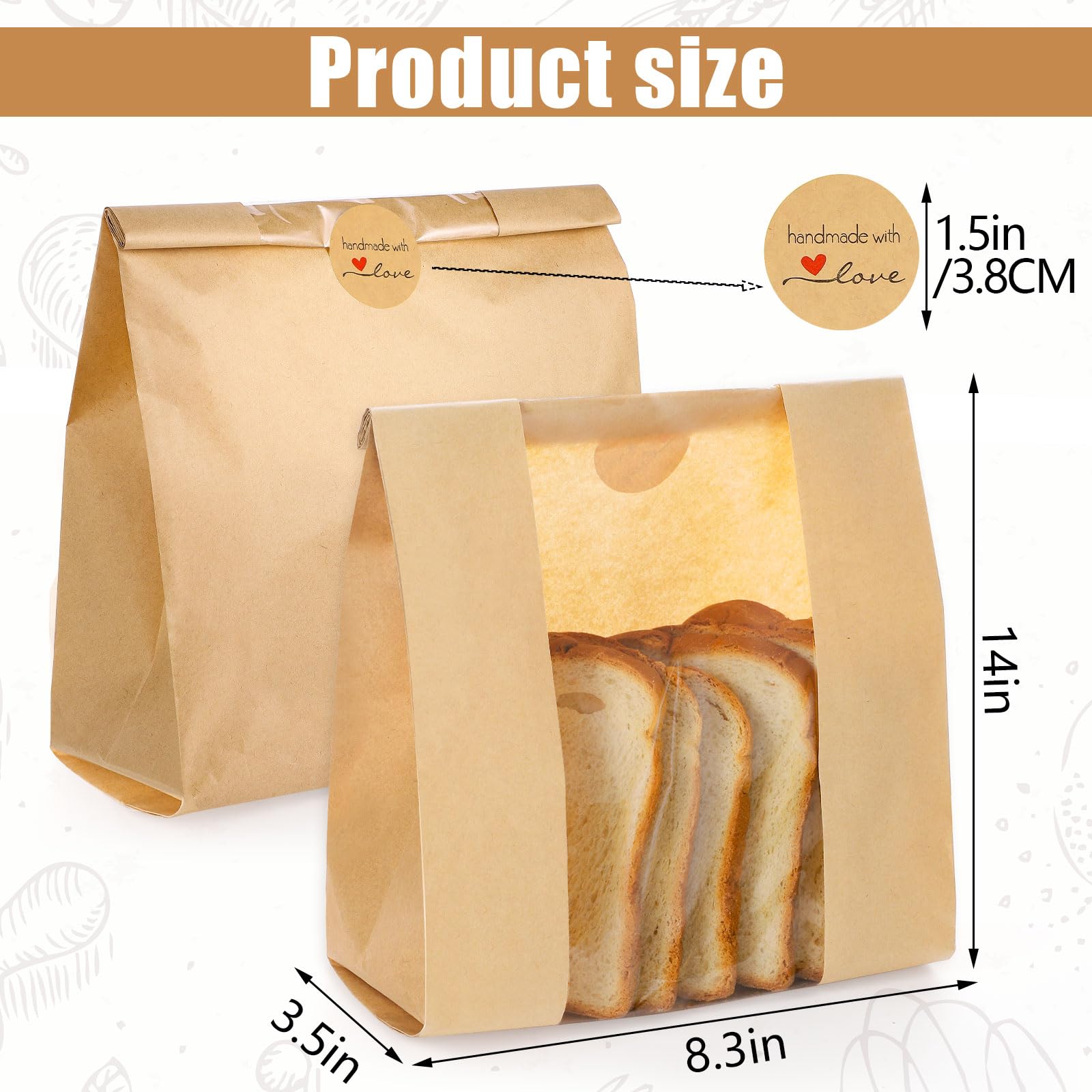 Confezione da 130 sacchetti di carta per pane fatto in casa con lievito naturale, sacchetti per pane con finestra, vengono forniti con 130 adesivi, possono essere utilizzati per confezionare toast