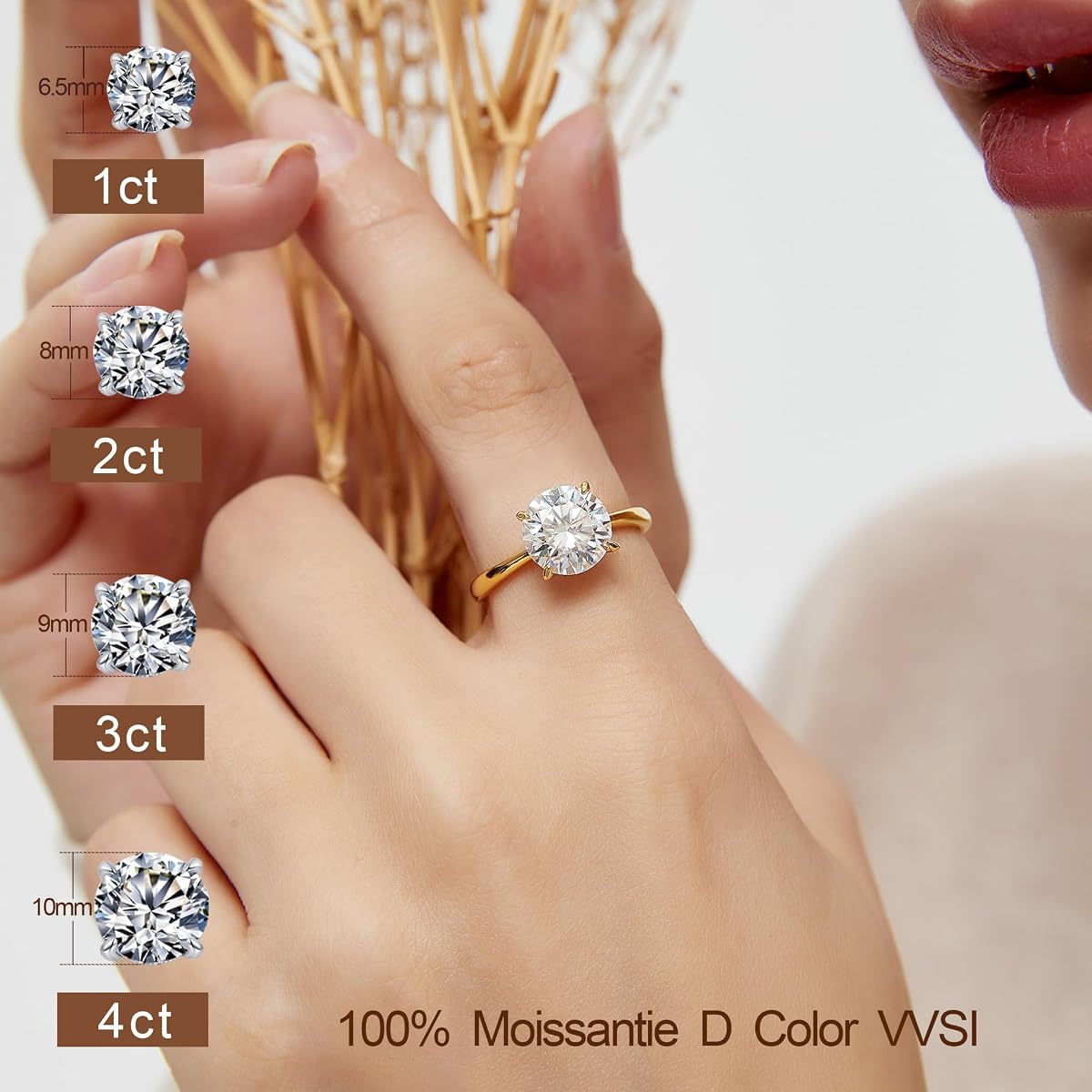 Aurora & Fiori 1/2/3/4 CT Round Moissanite Engagement Ring for Women, D Color VVS1 Solitaire Moissanite Ring S925 Sterling Silver with 18K Yellow/White Gold Plated