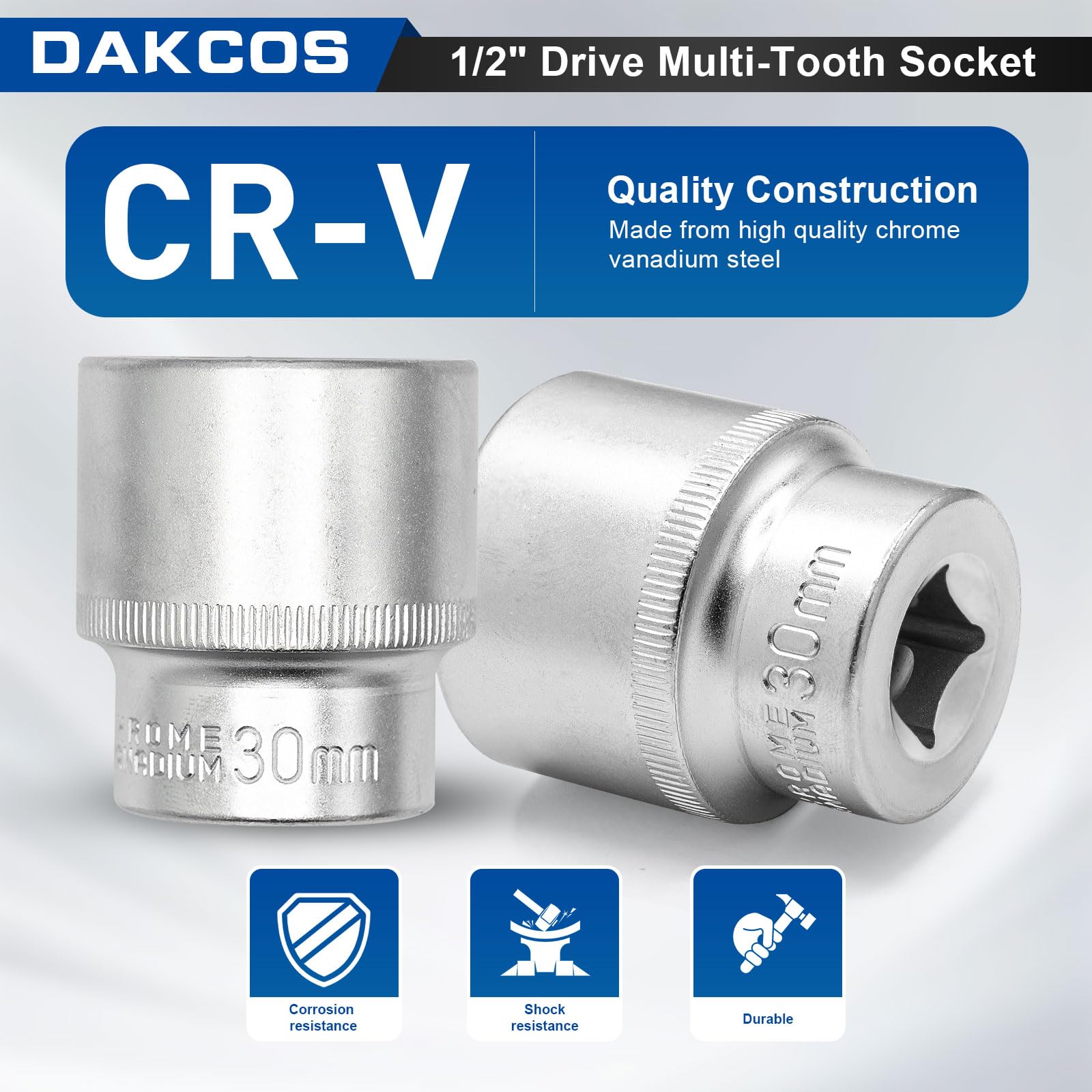 DAKCOS 30mm Spline Socket 1/2" Drive Multi-Tooth 12 Ponit Socket Spanner,CR-V, Mat Chrome Finis - Image 3