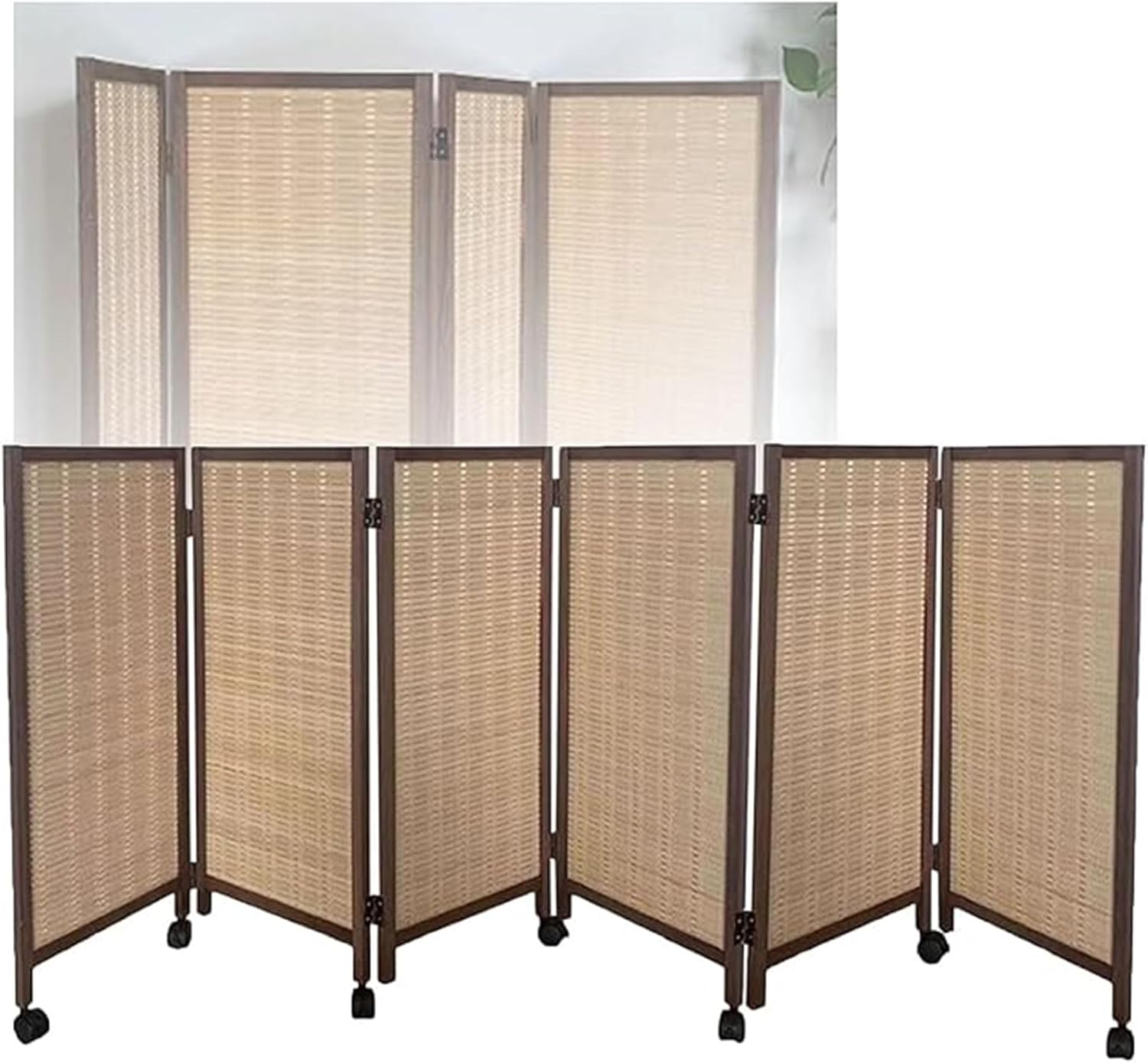 Room Dividers Panels,3/4/5/6/7/8 Panel Short Room Partition,Movable Privacy Screen with Pulleys,Folding Bamboo Woven Light-Shielding Decorative Partition,for Home Kindergarten,Brow