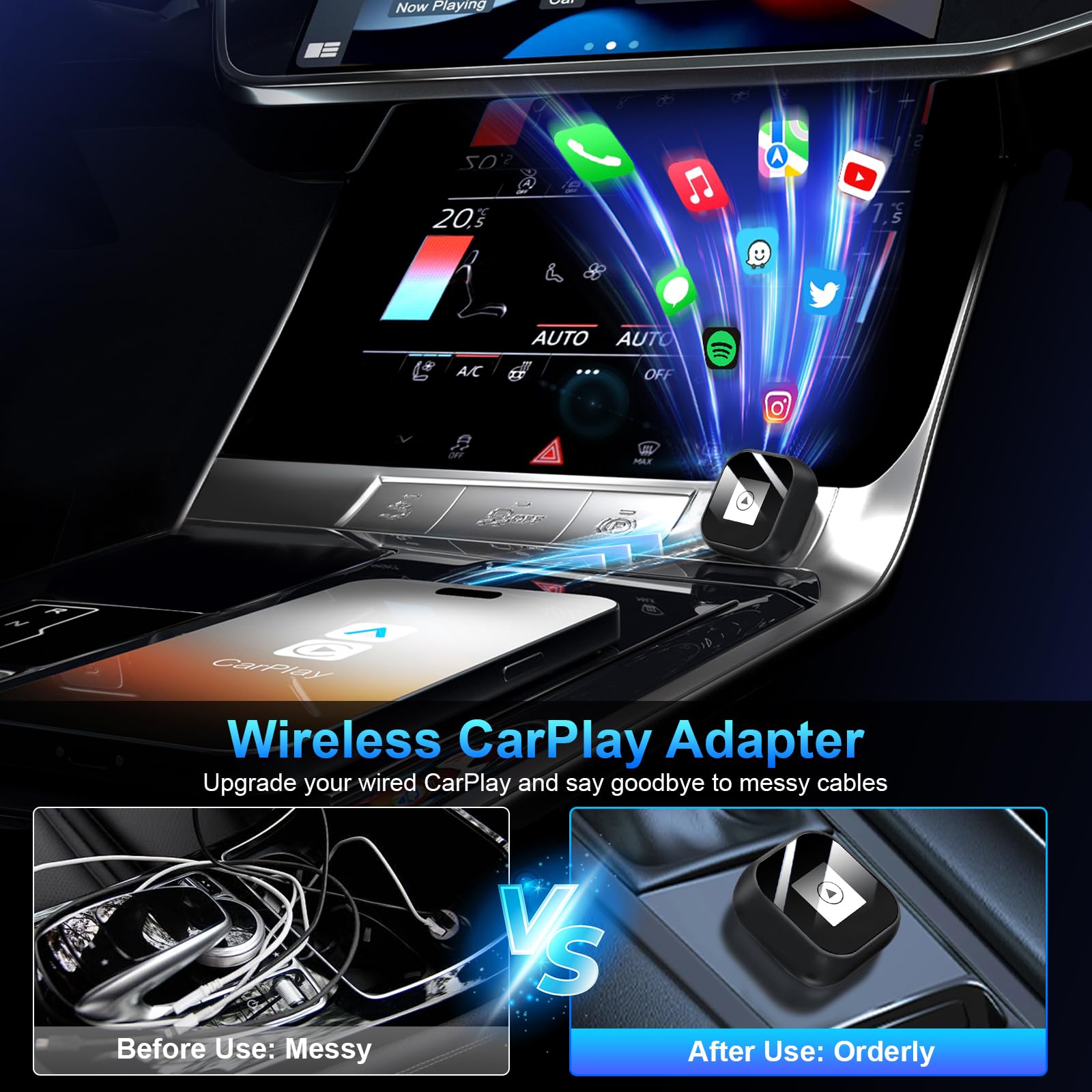 Adattatore 2 In 1 Wireless Carplay E Android Auto, Mini Carplay Aggiornato 2025, Converte Da Cablato A Wireless, Plug & Play, Connessione Automatica, Compatto, Per Iphone E Android (Nero Opaco)