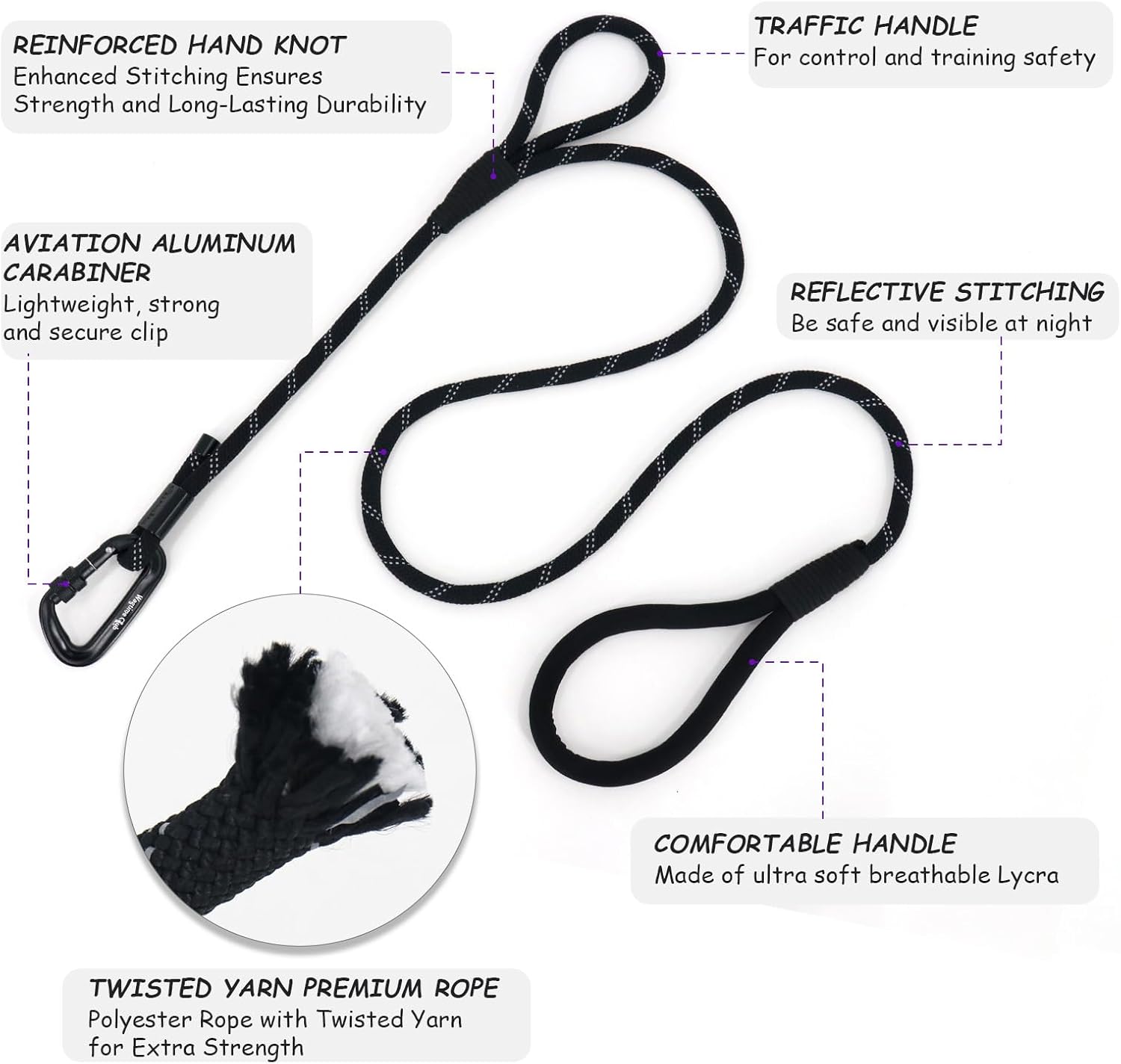 5ft Double Handle Dog Leash and 4.5ft Lightweight Premium Rope Dog Leashes, Reflective Pet Leashes for Small Medium and Large Dogs (Reflective Black+ Sunrise Orange)