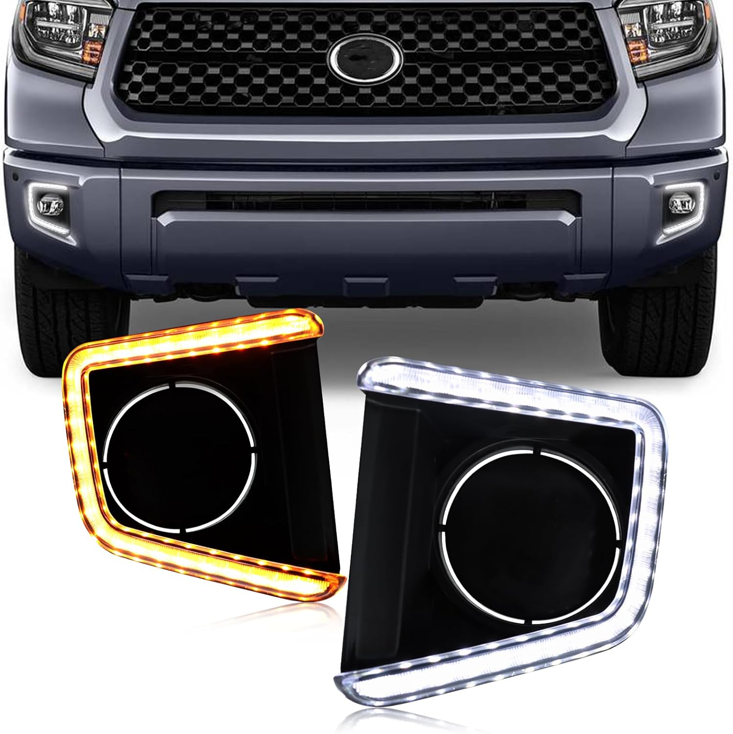 Switchback WhiteAmber LED Front Bumper Fog Light DRL Amber Sequential Turn Signal Feature Compatible with Toyota Tundra 2014-2021 Replacement Front Bumper Trim