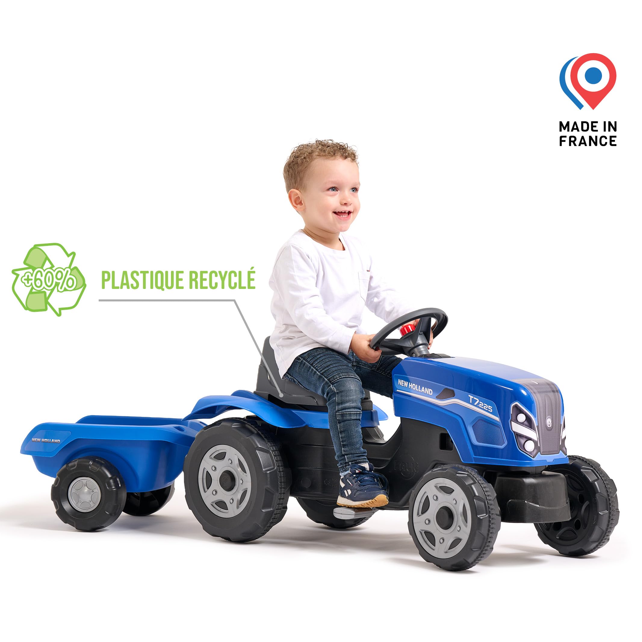 Falk Traktor mit Pedalen New Holland für Kinder, mit Anhänger, ab 2 Jahren | Haube zum Öffnen und verstellbarer Sitz