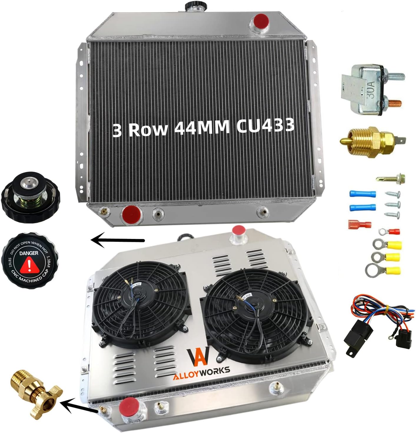 CU433 Full Aluminum Radiator For 1966-1979 Ford F100 F150 F250 350 Bronco 1967 1968 1969 1972 Pickup Truck Radiators, 3 Row Radiator with 2 X 12" Fans Shroud Relay Kit, V8 Chevy Engine, AT MT