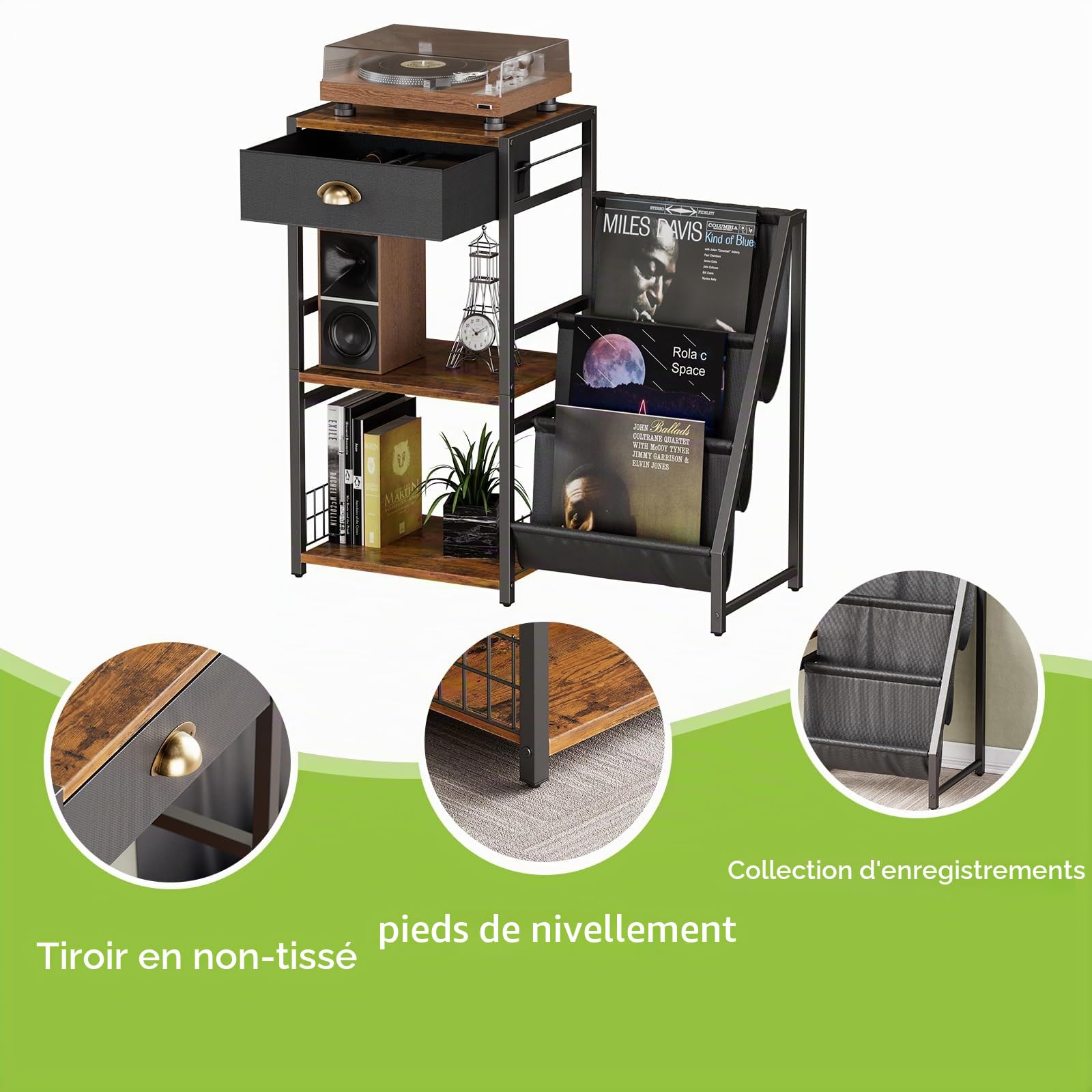 Support pour tourne-disque à 3 étages - Table d'appoint vintage avec tiroir - Support de disques vinyle en bois - Étagère avec étagère d'affichage à 3 niveaux - 86 x 30 x 75 cm
