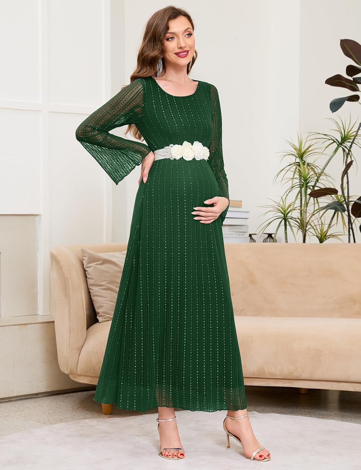 Maternity Sparkly Mesh Dress Bell Long Sleeve Round Neck A Line Flowy Pregnancy Dresses Baby Shower Semi Formal