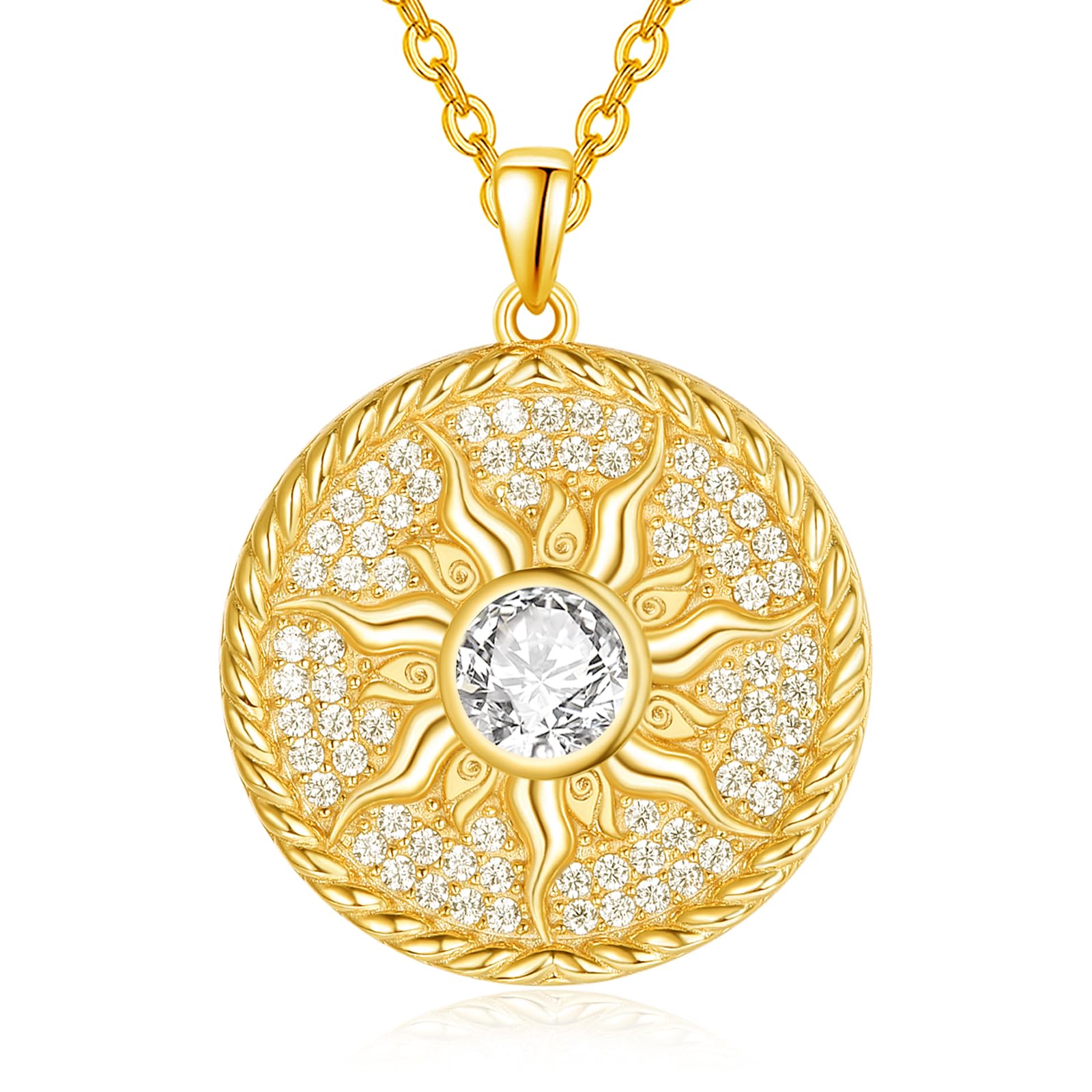 AENEAS 14 Karat vergoldete Sonnen-Halskette für Damen, 925er-Sterlingsilber, Geburtsstein, Sonne, Münze, Halskette, Sonnenschmuck, Geschenke für Frauen und Mädchen, Sterling Silber, Diamant