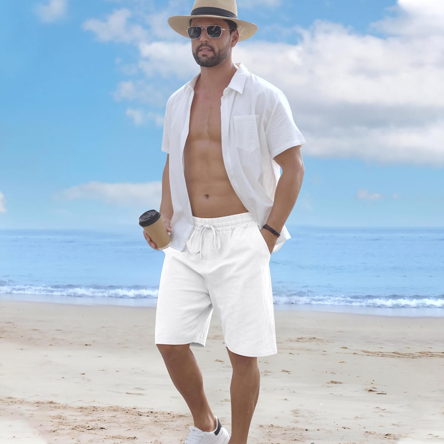 Mens Linen Shorts Casual Drawstring Elastic Waist Lightweight Breathable Summer Beach Shorts for Men - Image 4