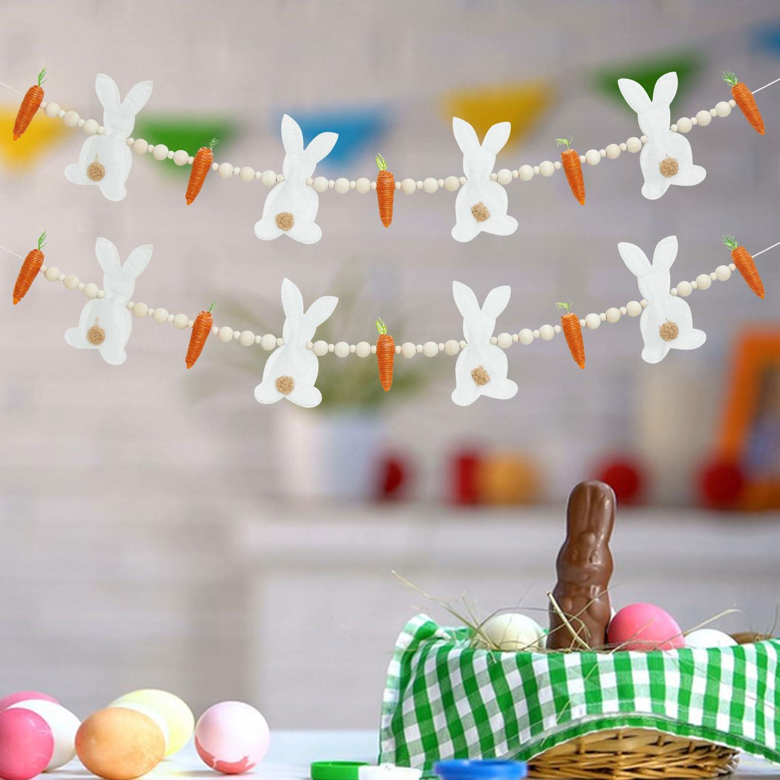 Guirnalda de Pascua de 27.56 pulgadas, decoraciones de conejo de Pascua, cuentas de madera, conejo, zanahoria, banderines colgantes para el hogar, manto, pared o puerta (conejo zanahoria)