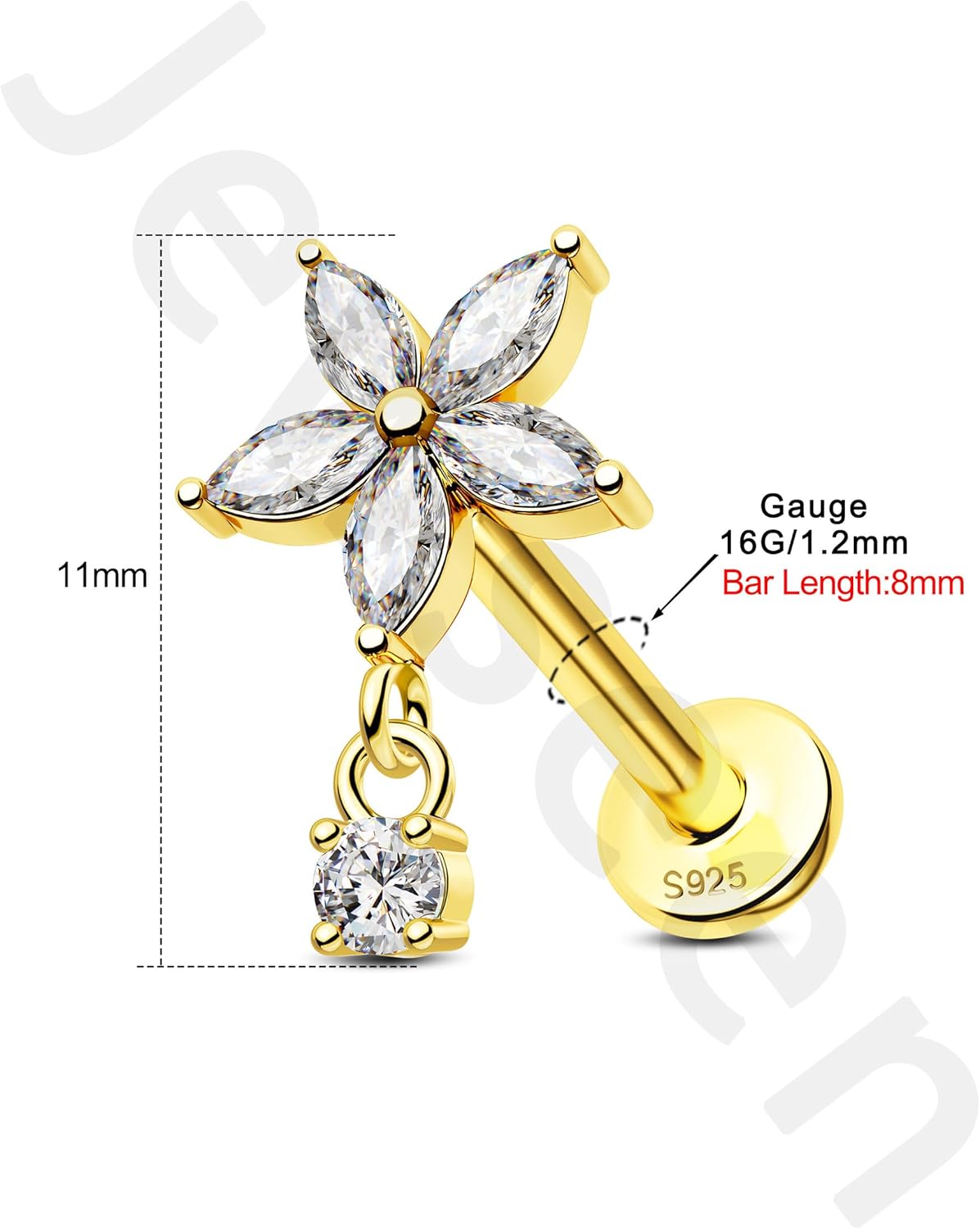 Jewseen 925 Sterling Silver Helix Piercing Jewelry 16G Flat Back Cartilage Earrings Studs Internally Threaded Cartilage Piercing Jewelry Floral 14K Gold Plated Helix Earring for Women - Image 6