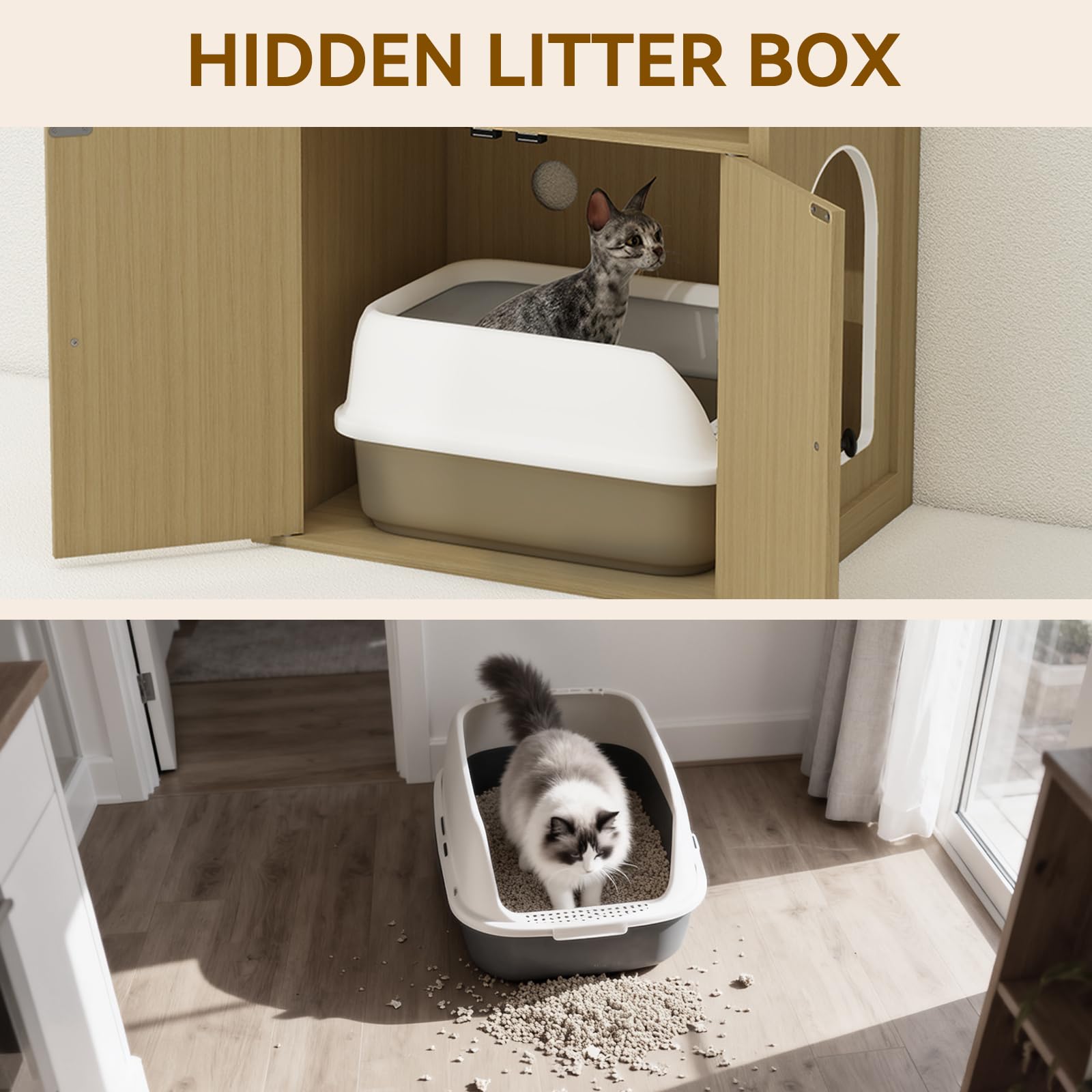 Arched Litter Box Enclosure, Cat Litter Box Furniture Hidden, Cat Washroom Bench Storage Cabinet with Double Doors and Open Shelf for Bedroom, Living Room - image 5